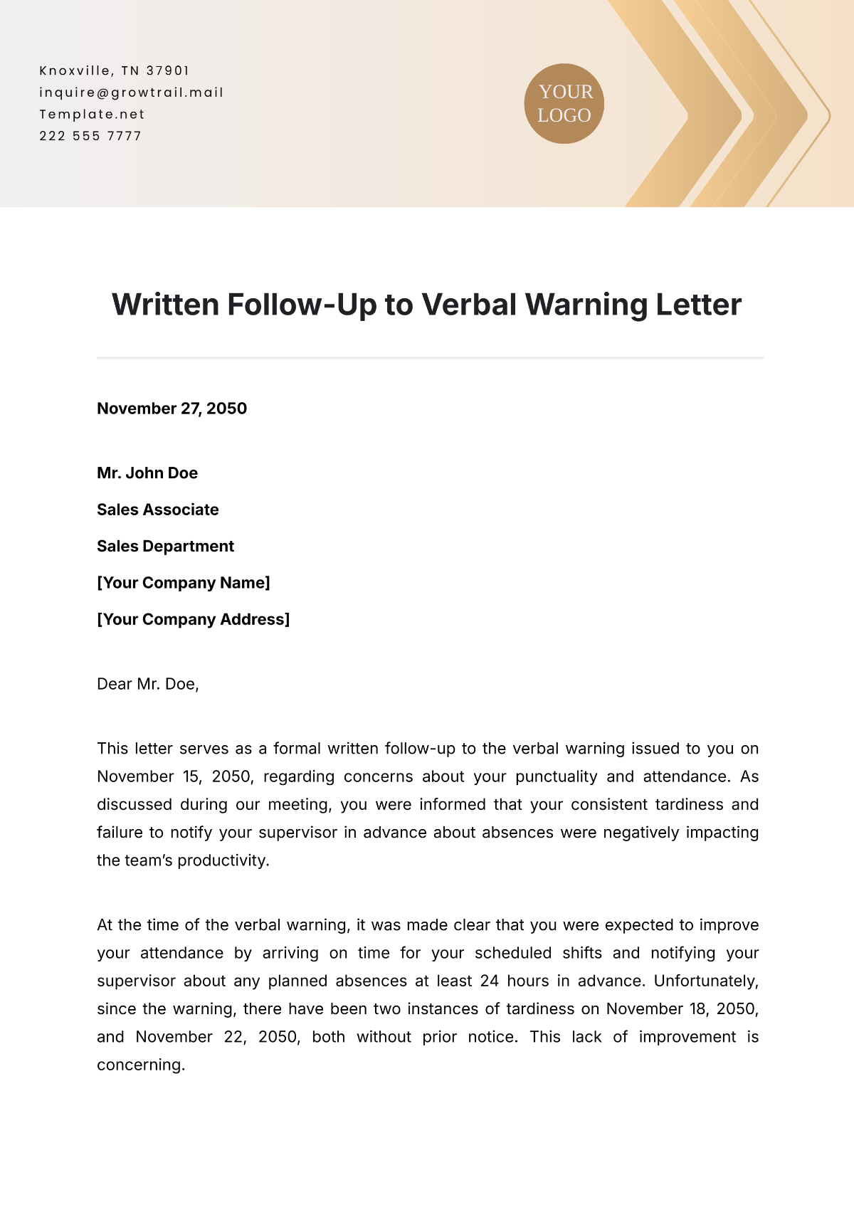 Written Follow-Up to Verbal Warning Letter Template - Edit Online & Download