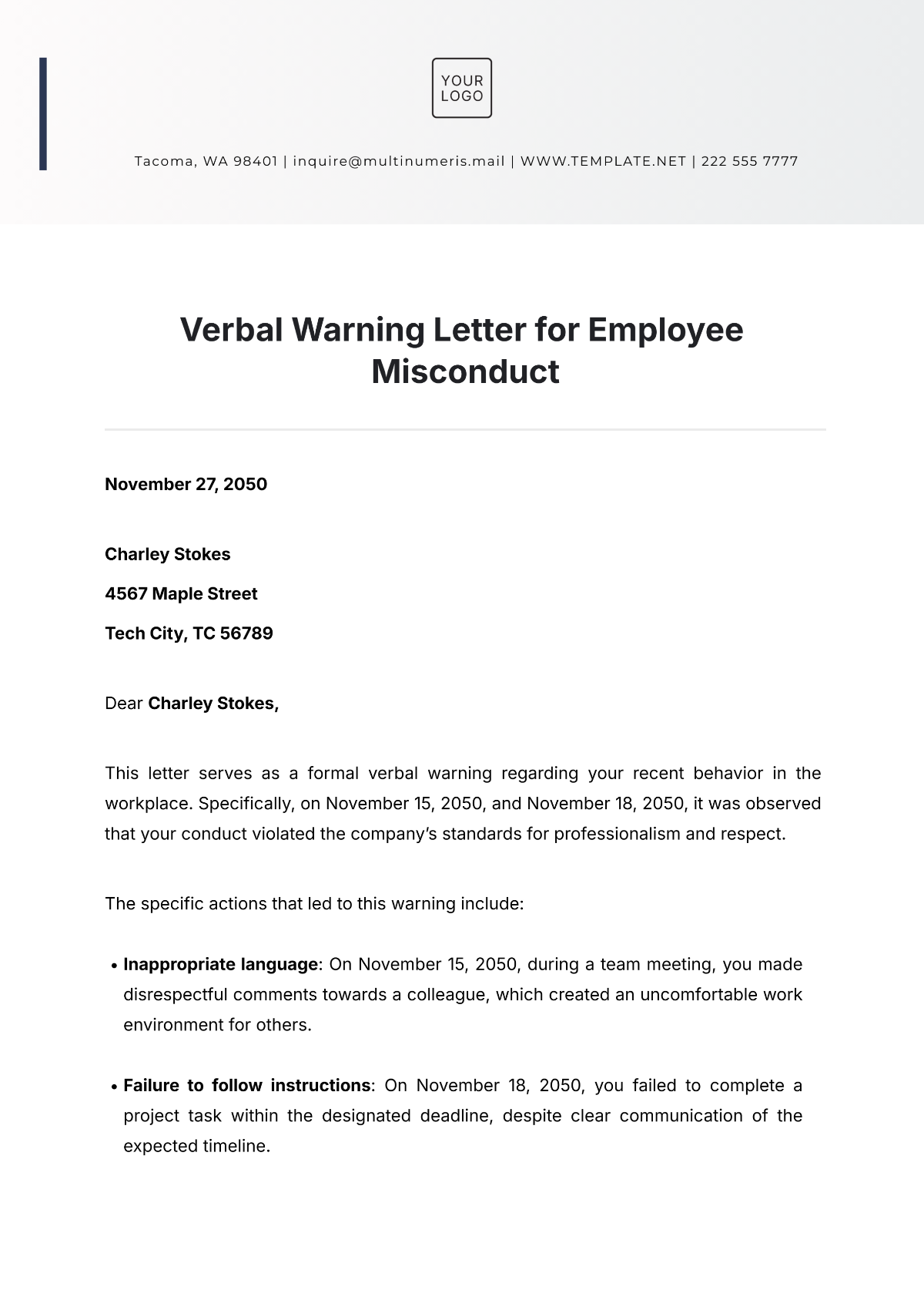 Verbal Warning Letter for Employee Misconduct Template - Edit Online & Download