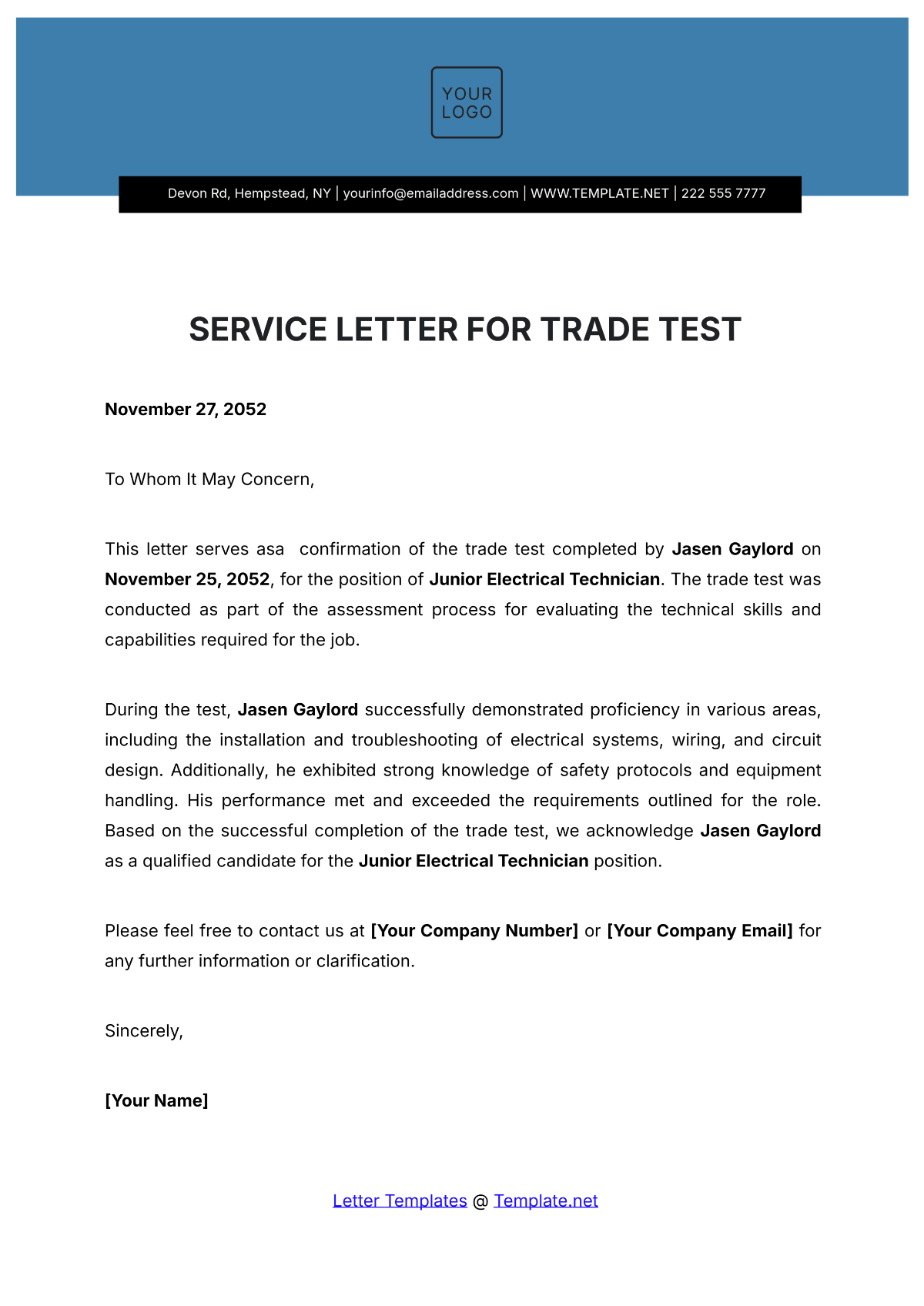 Service Letter for Trade Test Template - Edit Online & Download