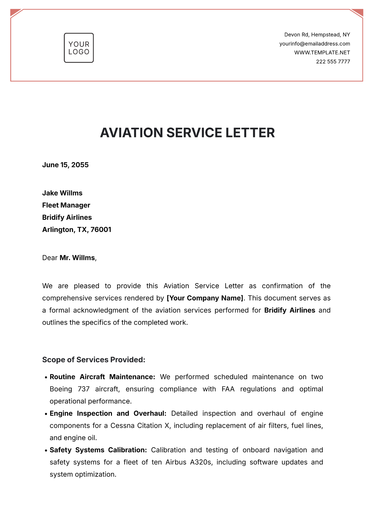 Aviation Service Letter Template - Edit Online & Download