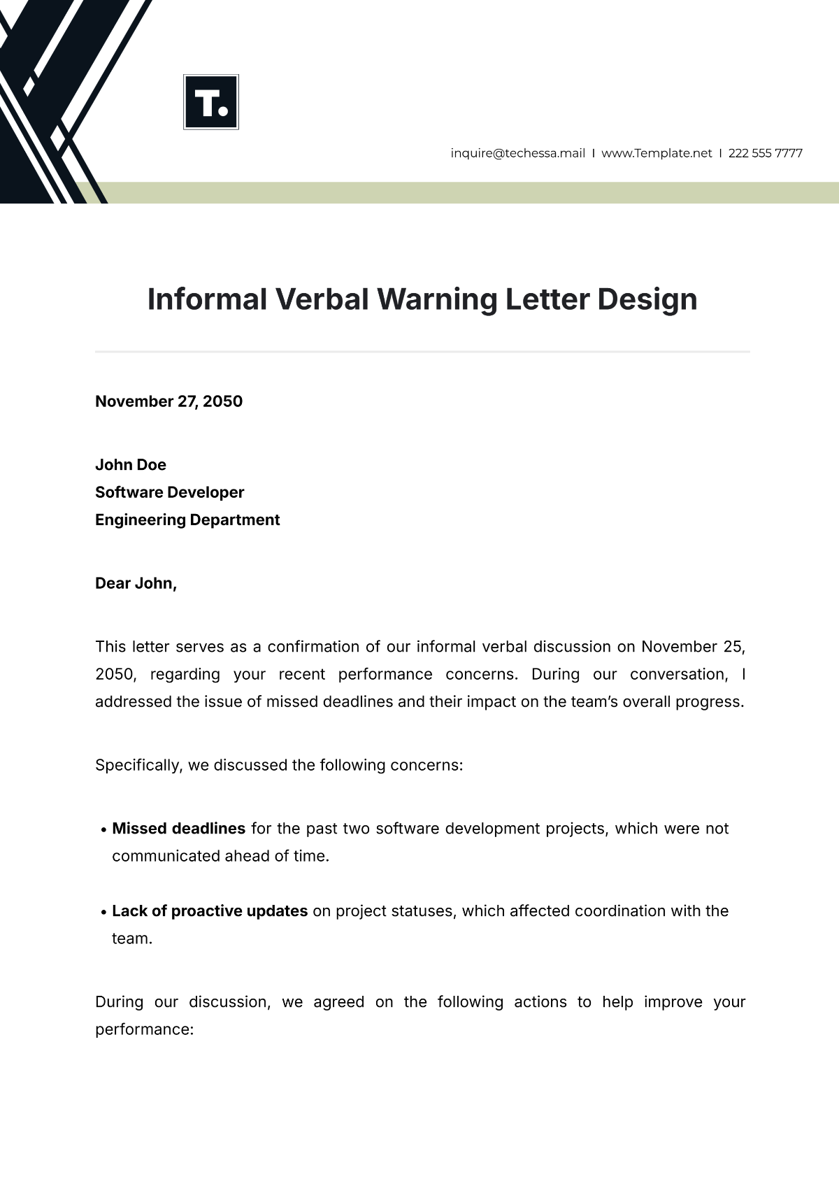 Free Informal Verbal Warning Letter Design Template to Edit Online