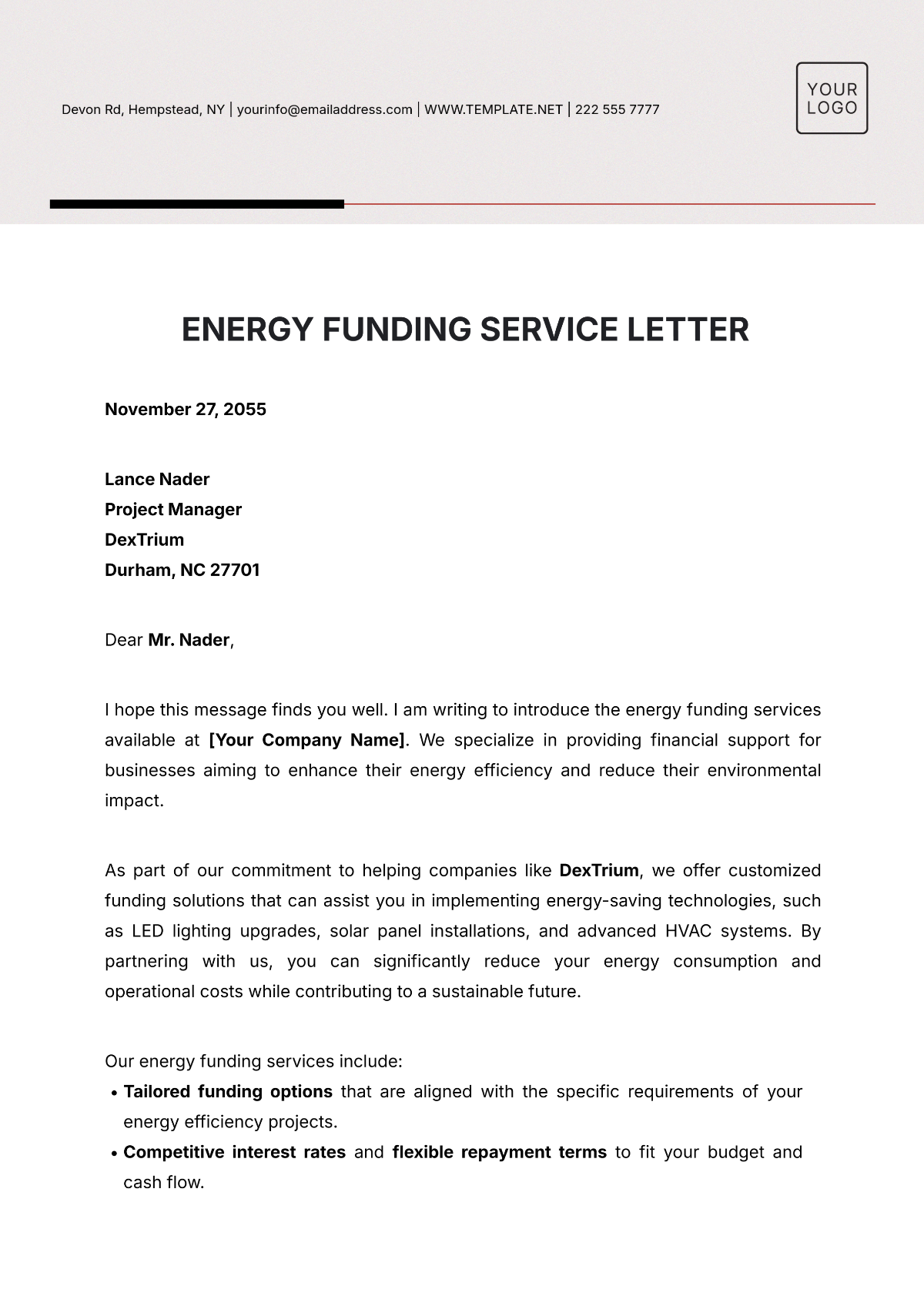 Energy Funding Service Letter Template - Edit Online & Download