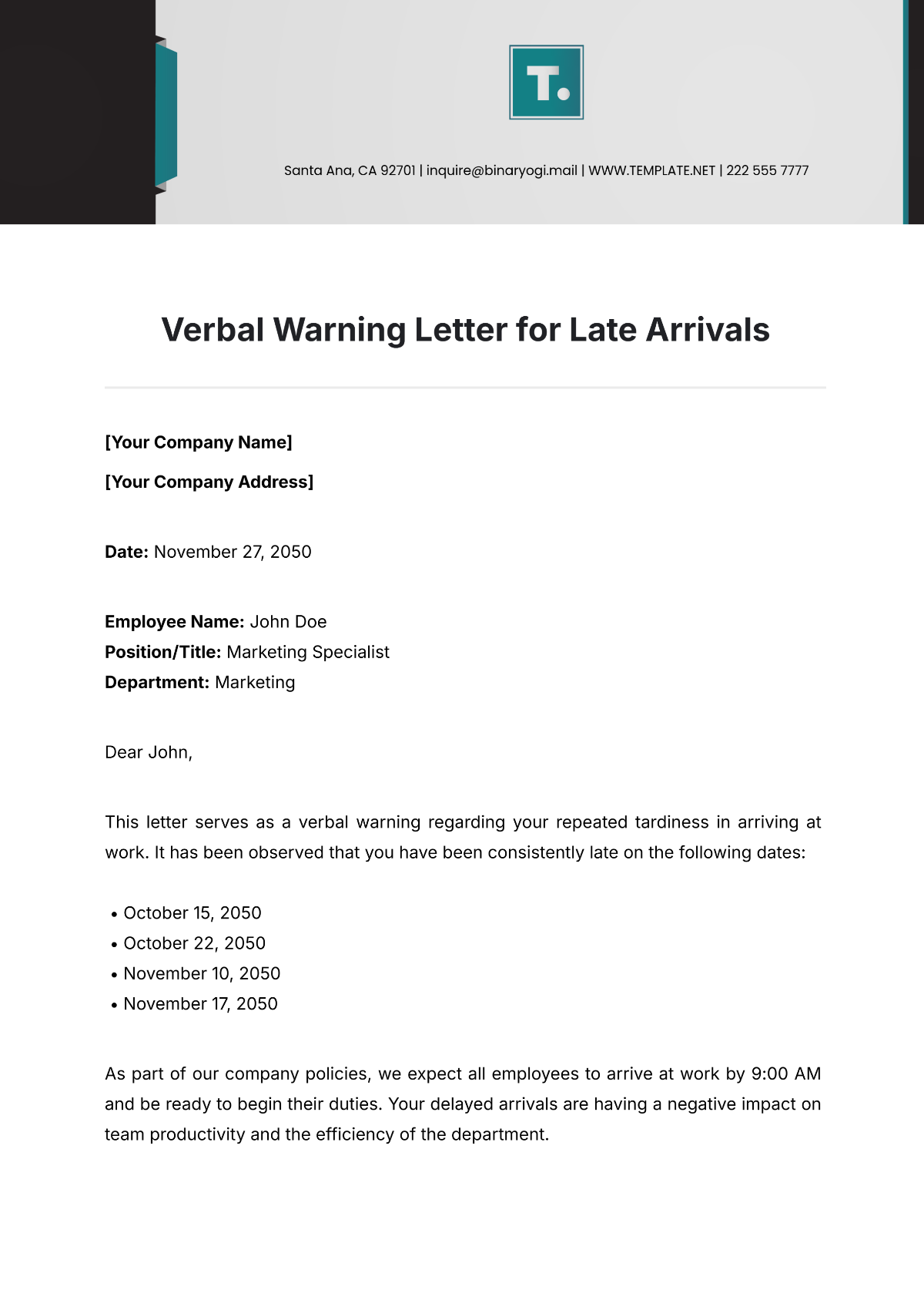 Verbal Warning Letter for Late Arrivals Template - Edit Online & Download