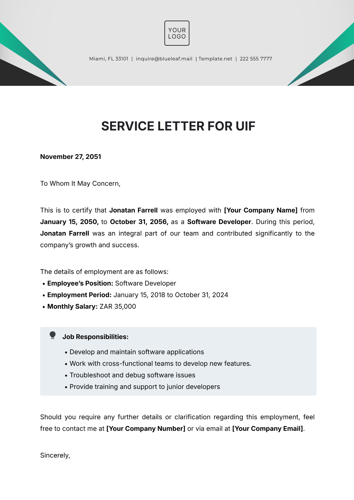 Service Letter for UIF Template - Edit Online & Download