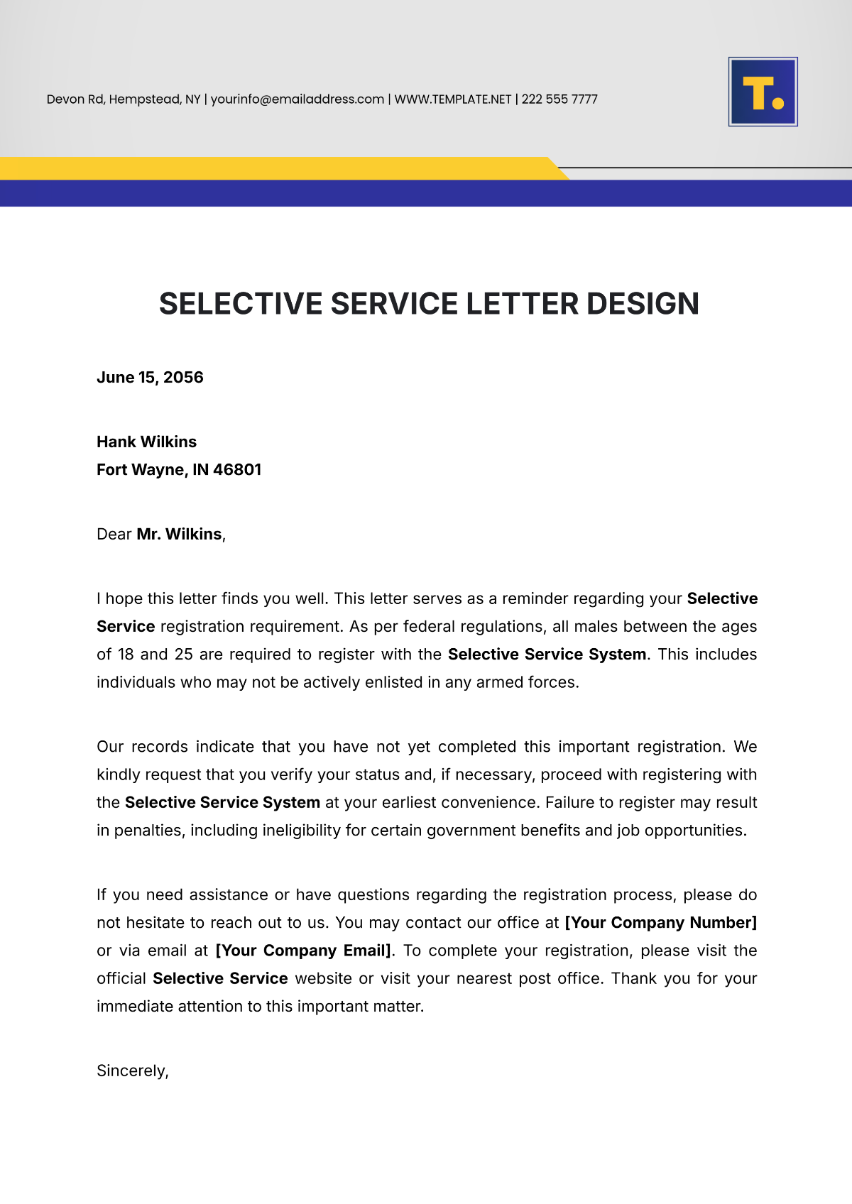 Selective Service Letter Design Template - Edit Online & Download