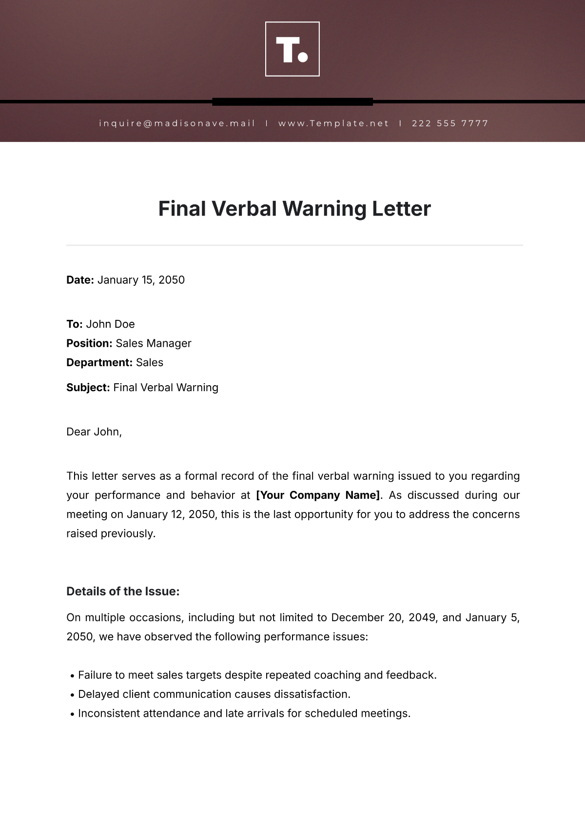 Final Verbal Warning Letter Template - Edit Online & Download