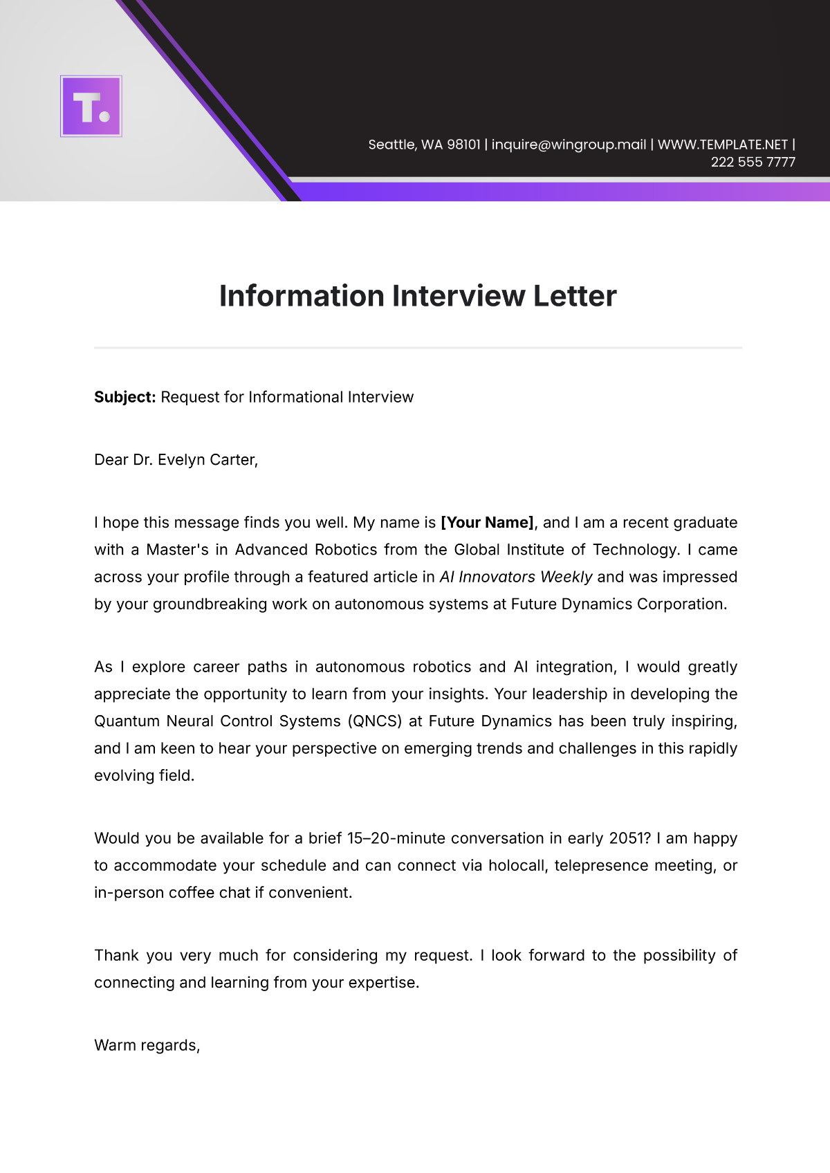 Information Interview Letter Template - Edit Online & Download