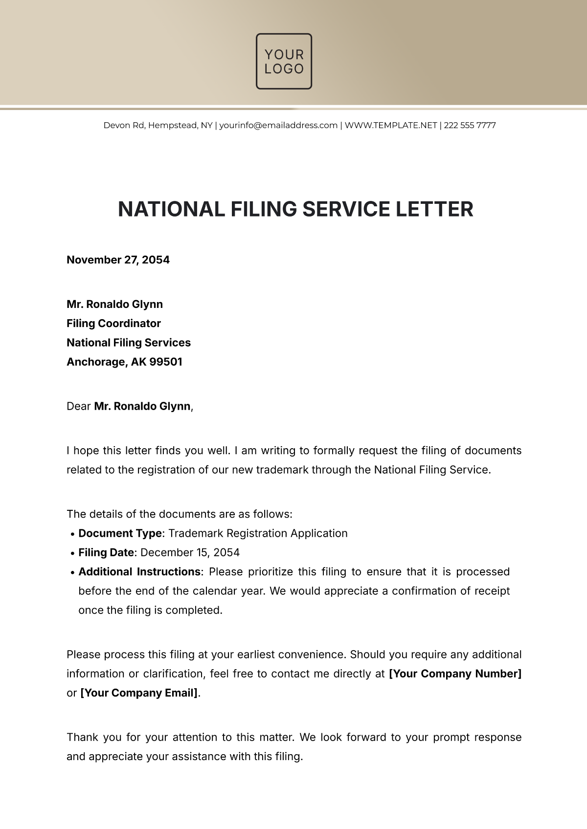 National Filing Service Letter Template - Edit Online & Download