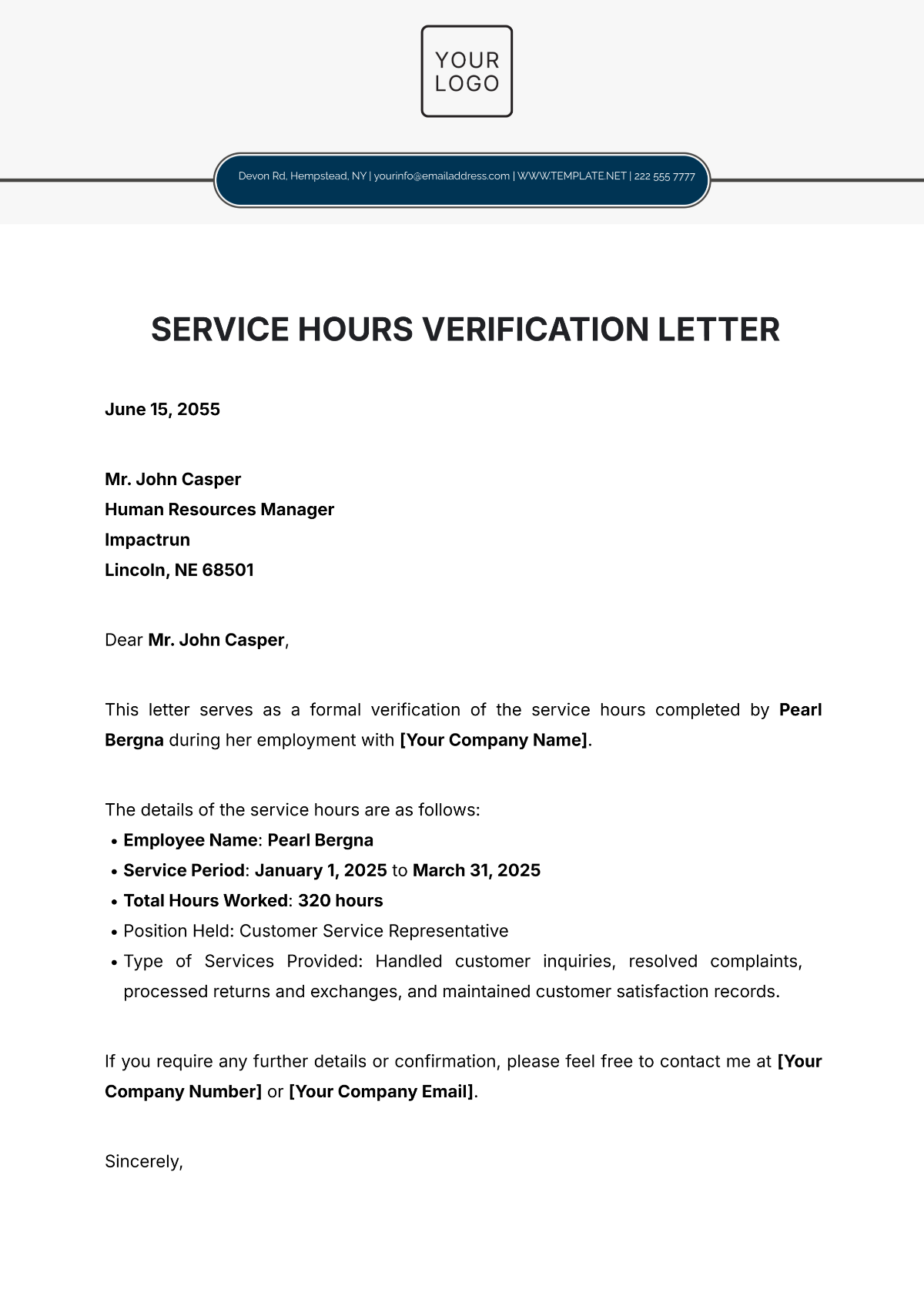 Service Hours Verification Letter Template - Edit Online & Download