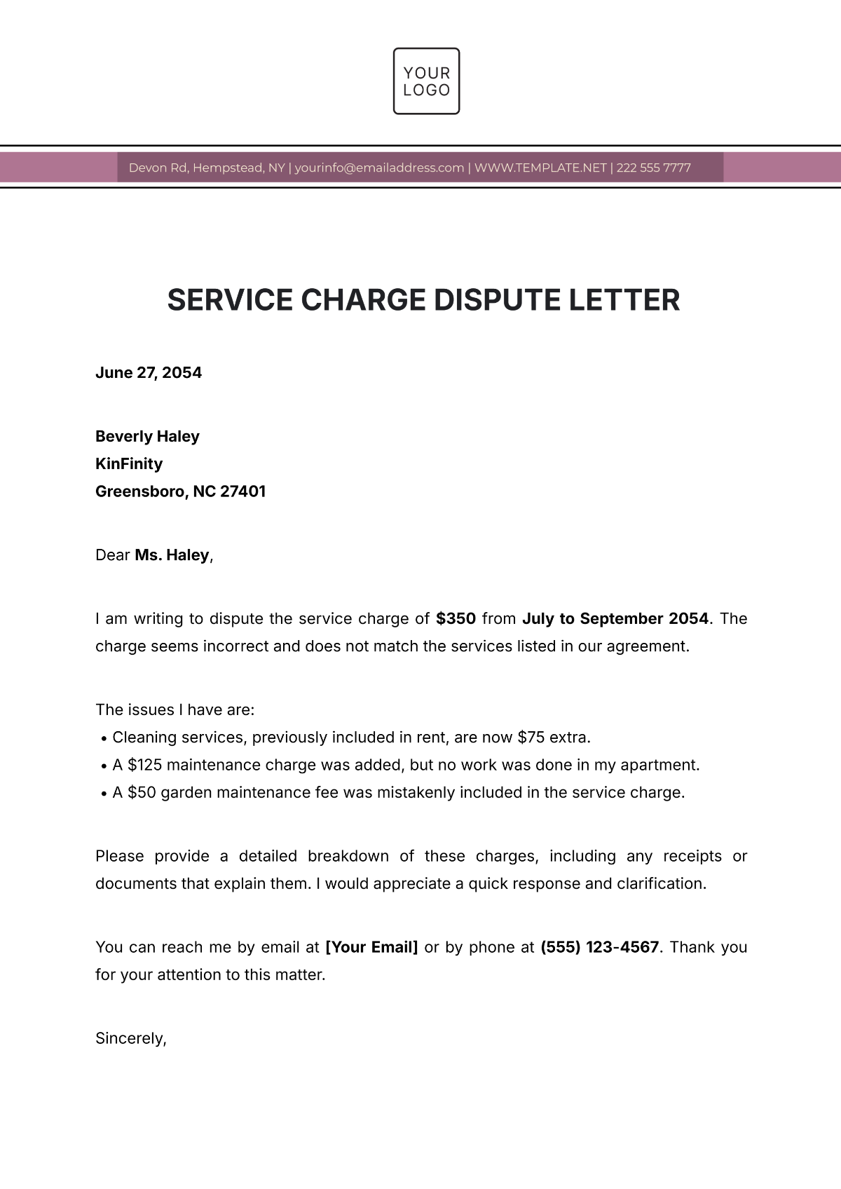 Service Charge Dispute Letter Template - Edit Online & Download