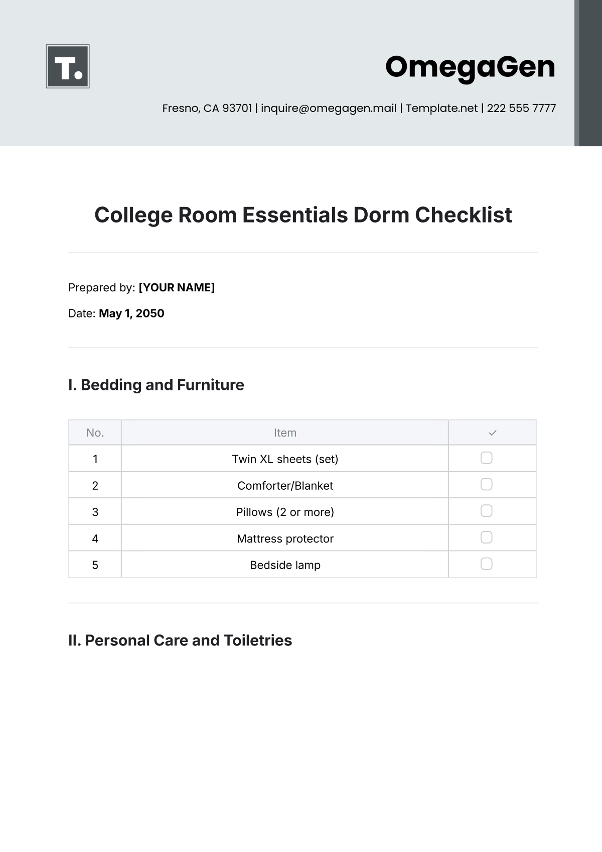 College Room Essentials Dorm Checklist Template - Edit Online & Download