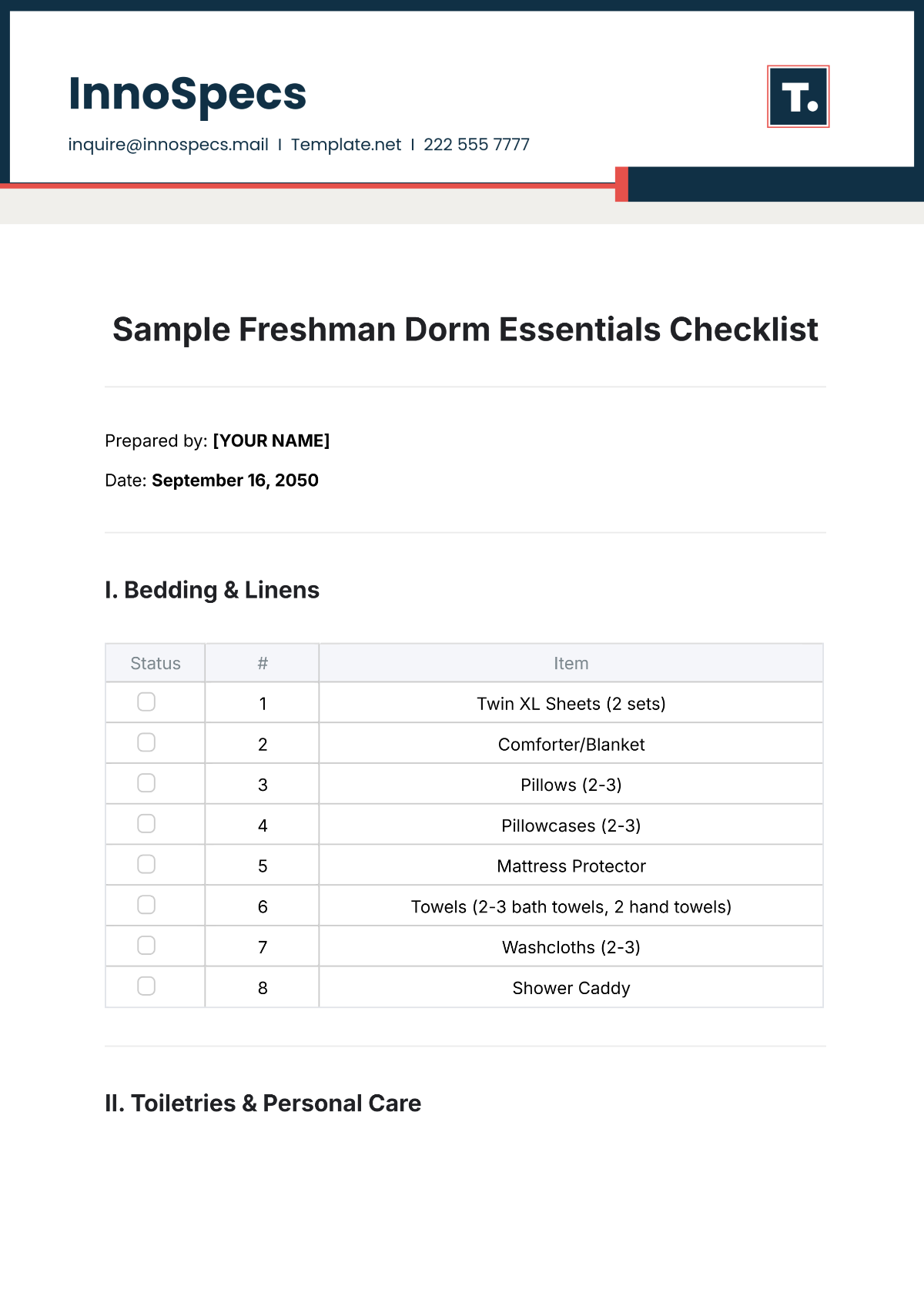 Sample Freshman Dorm Essentials Checklist Template - Edit Online & Download