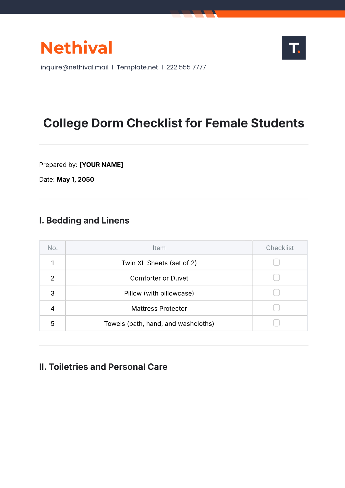 College Dorm Checklist for Female Student Template - Edit Online & Download