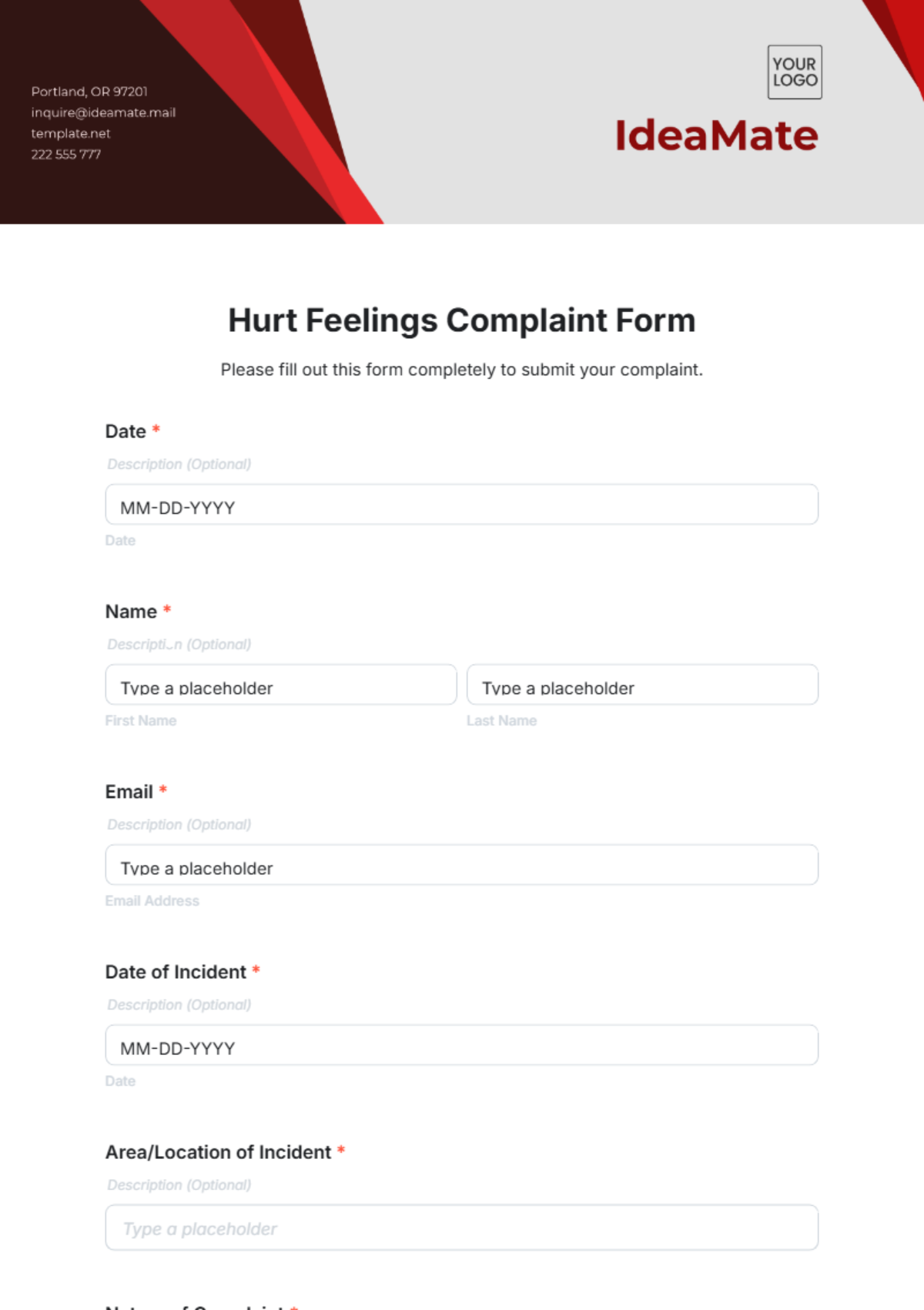 Hurt Feelings Complaint Form Template - Edit Online & Download