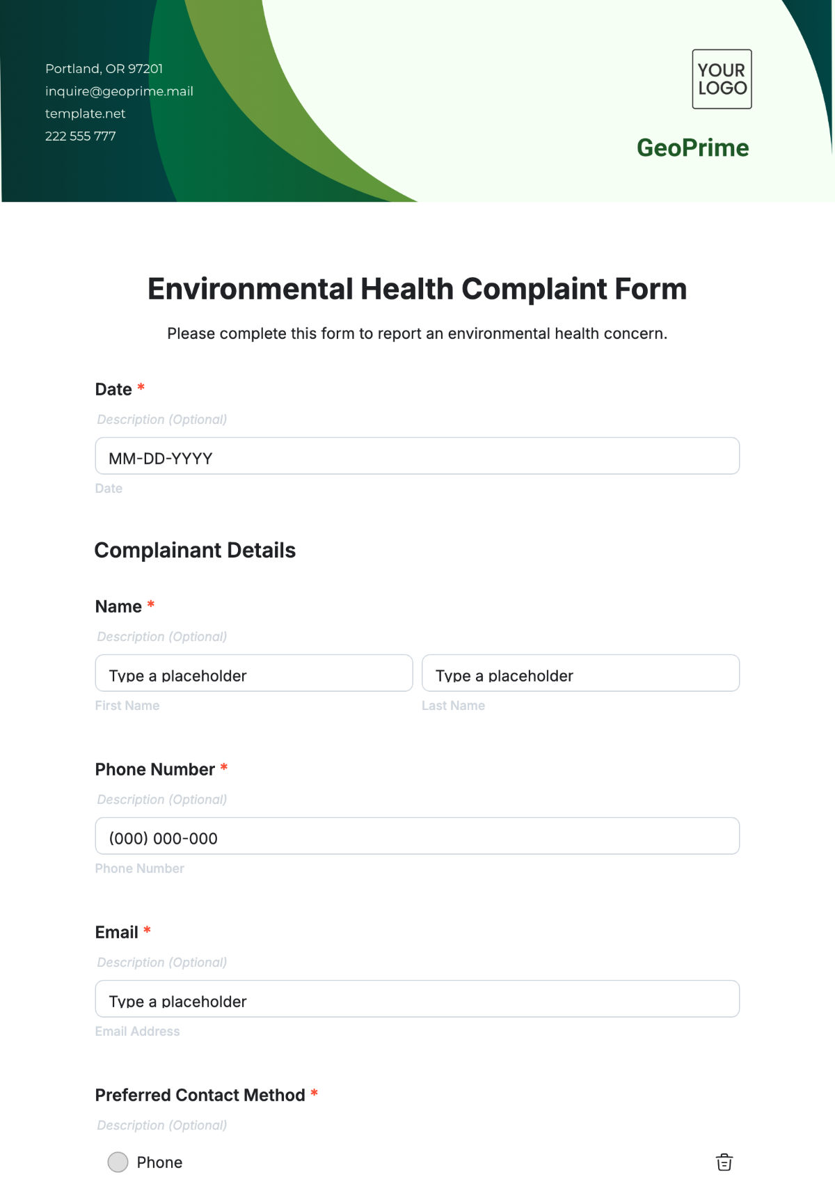 Environmental Health Complaint Form Template - Edit Online & Download