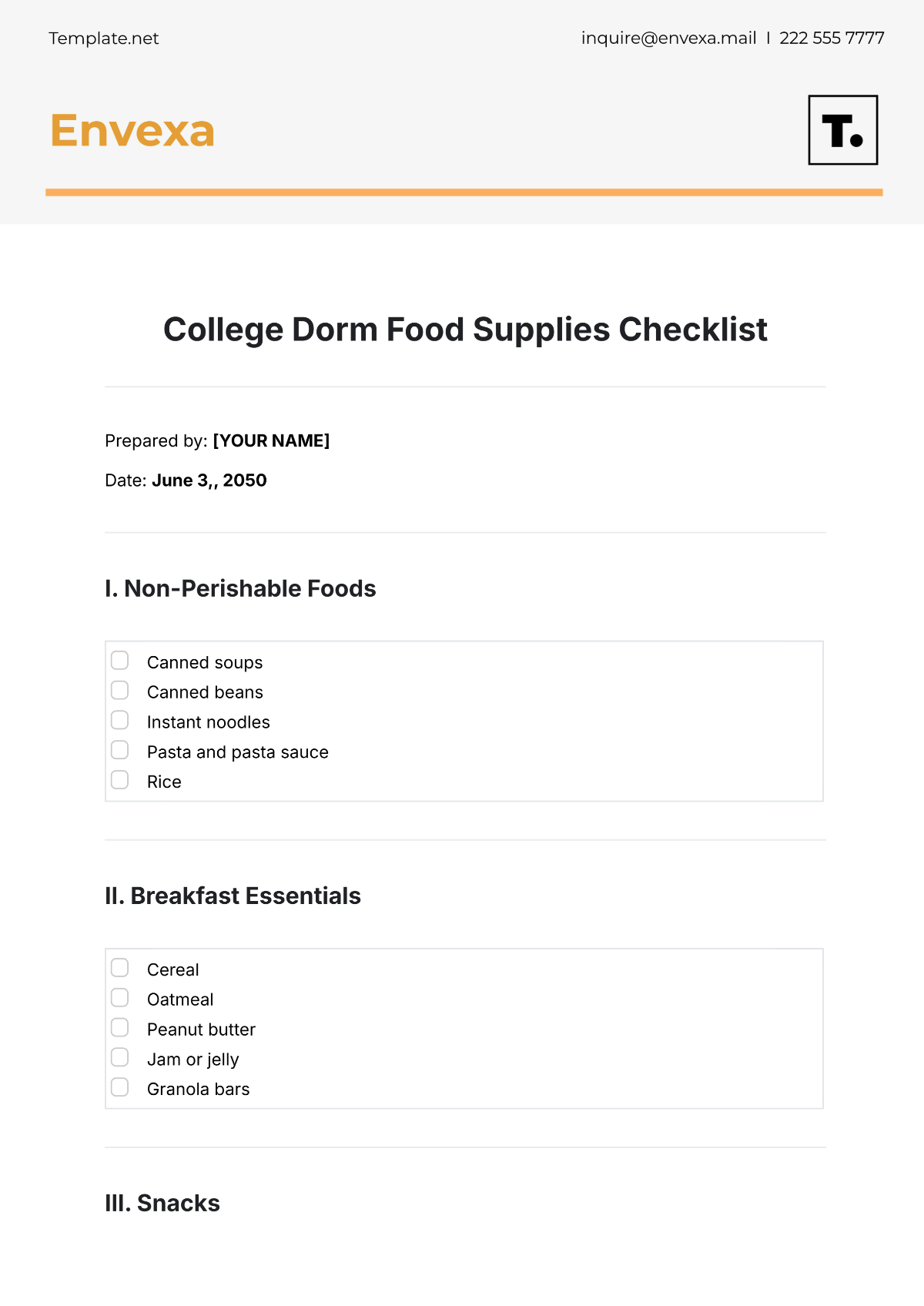 College Dorm Food Supplies Checklist Template - Edit Online & Download