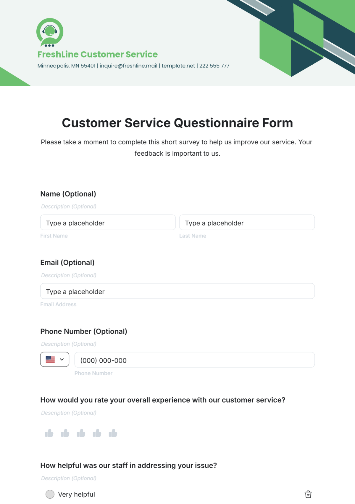 Customer Service Questionnaire Form Template - Edit Online & Download