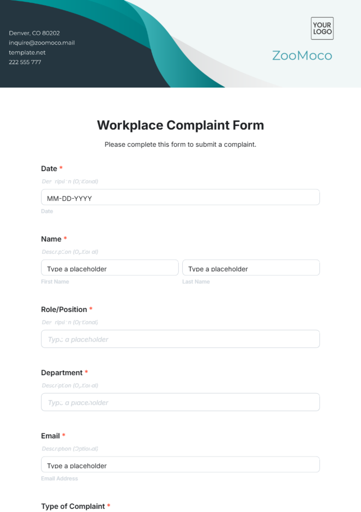 Workplace Complaint Form Template - Edit Online & Download