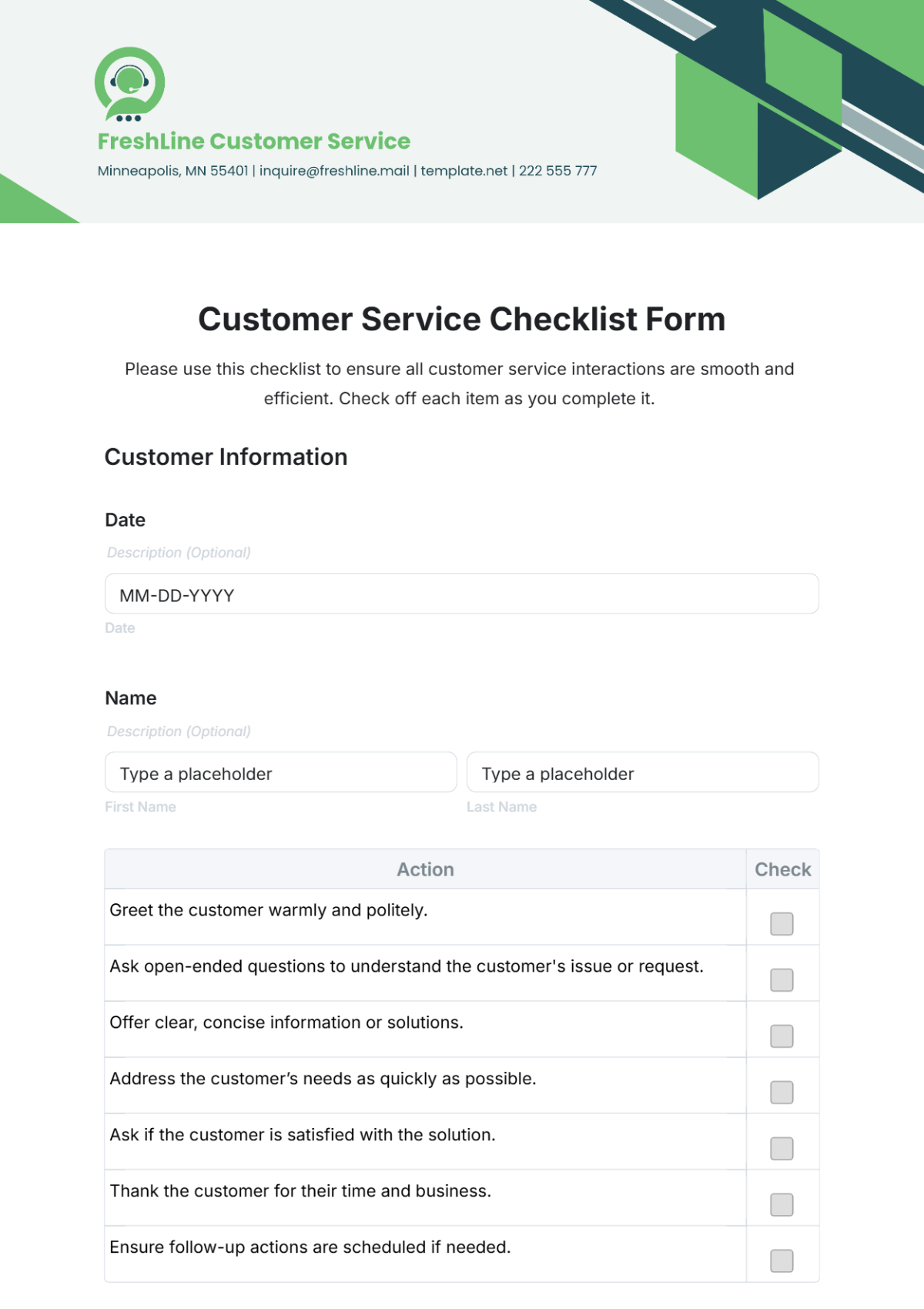 Customer Service Checklist Form Template - Edit Online & Download