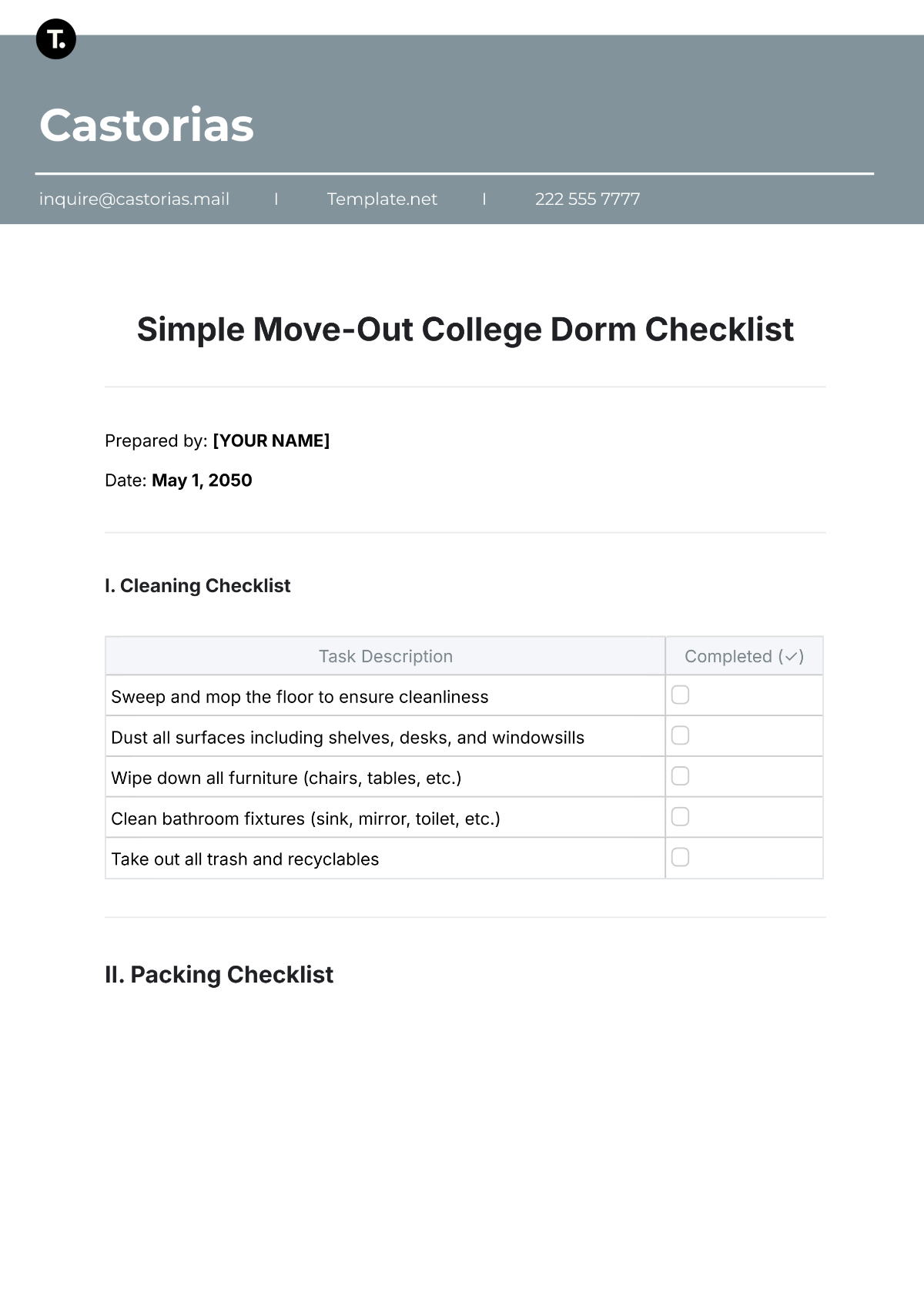 Simple Move-Out College Dorm Checklist Template - Edit Online & Download