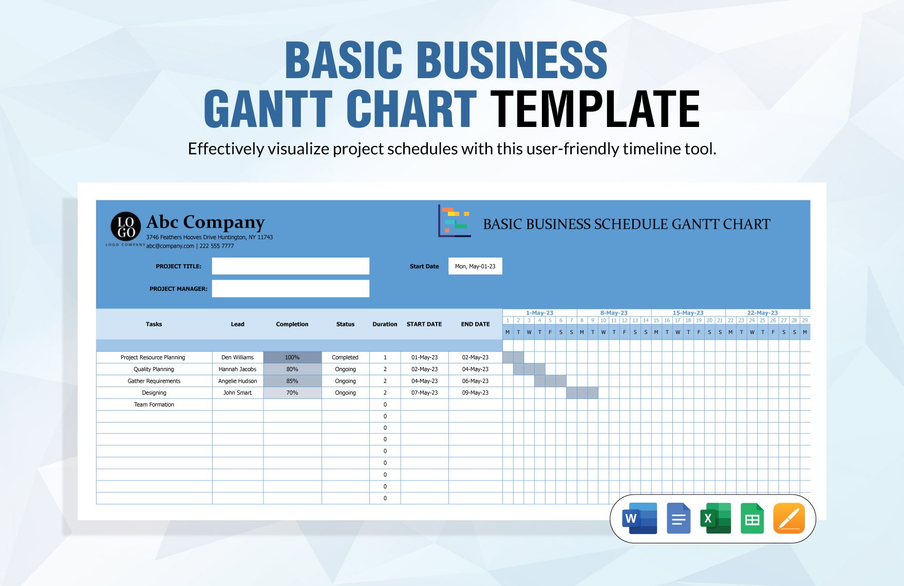 Free Basic Business Gantt Chart Template in Word, Google Docs, Excel, Google Sheets, Apple Pages