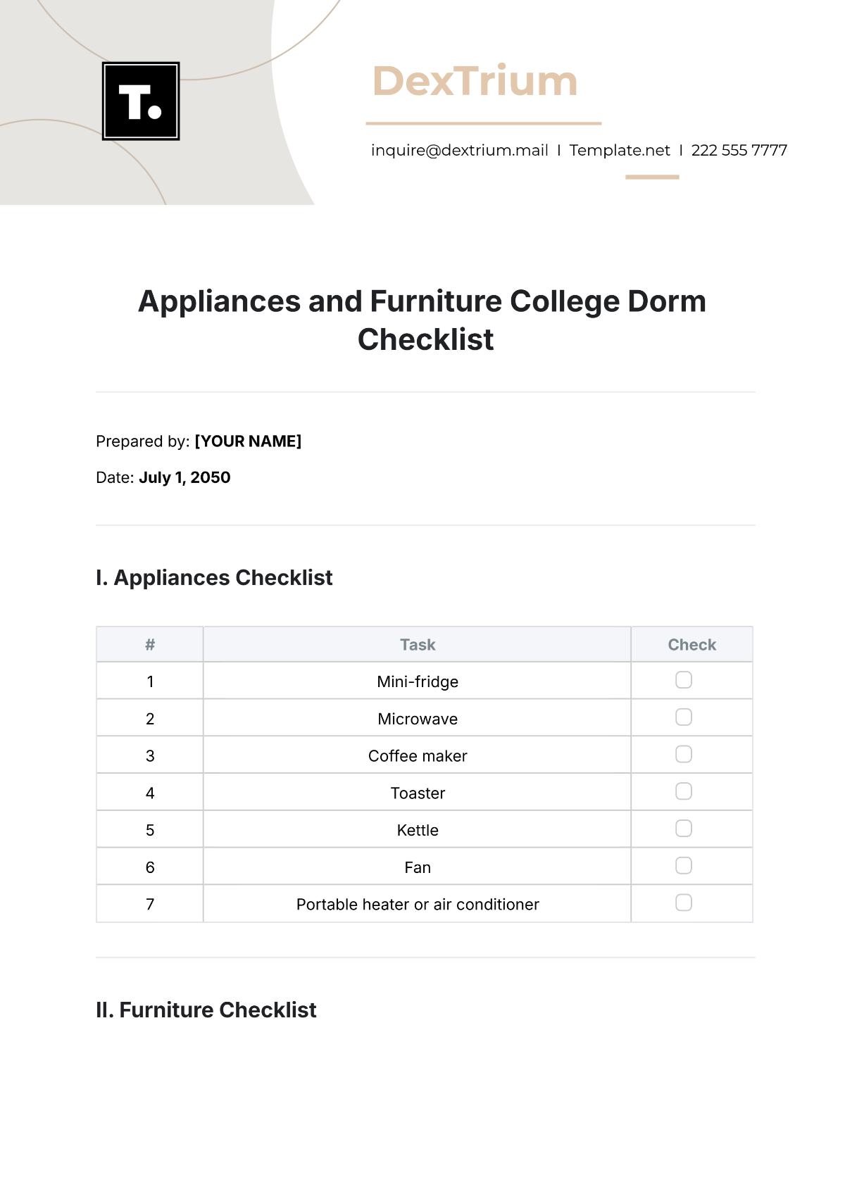 Appliances and Furniture College Dorm Checklist Template - Edit Online & Download