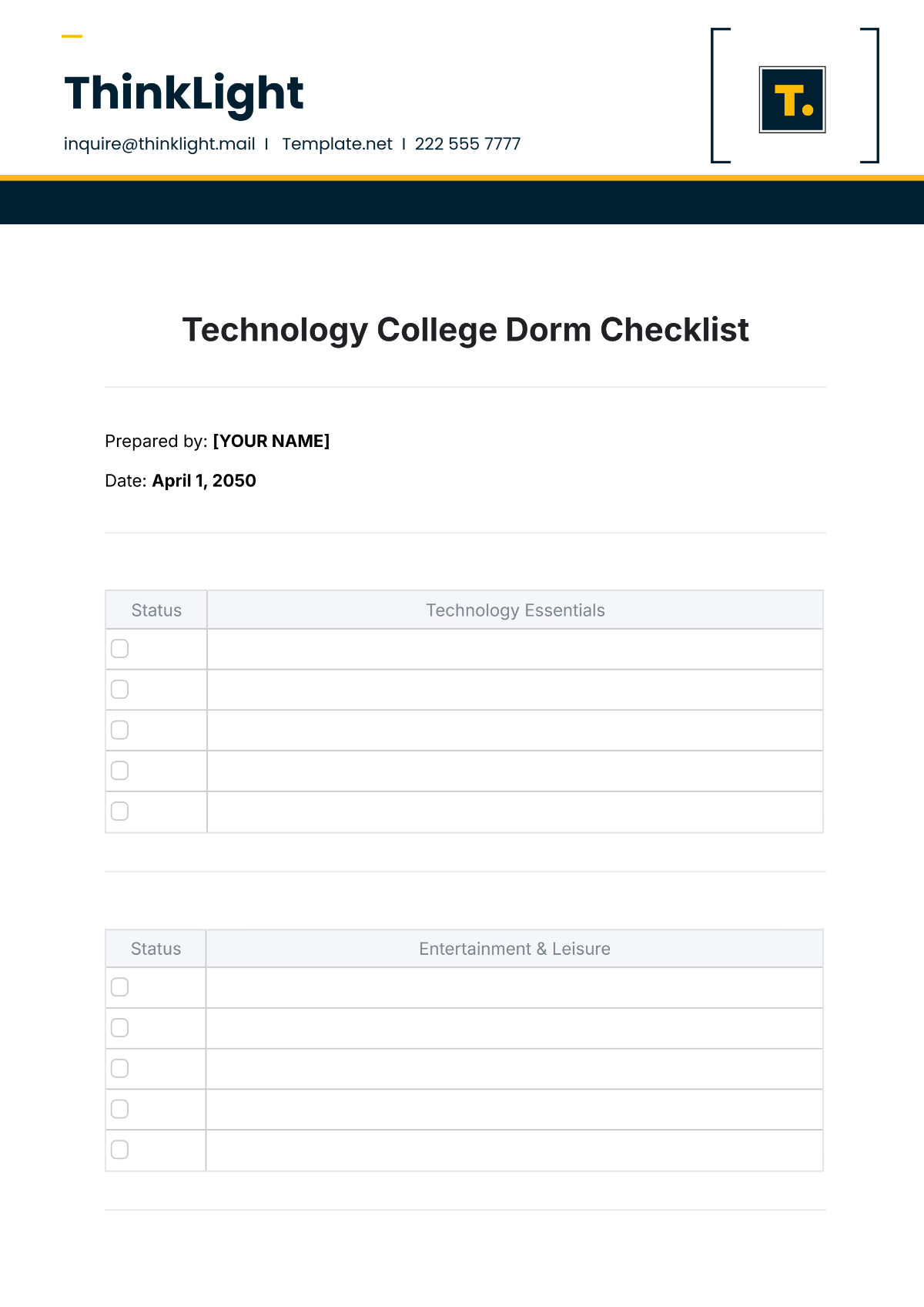 Technology College Dorm Checklist Format Template - Edit Online & Download