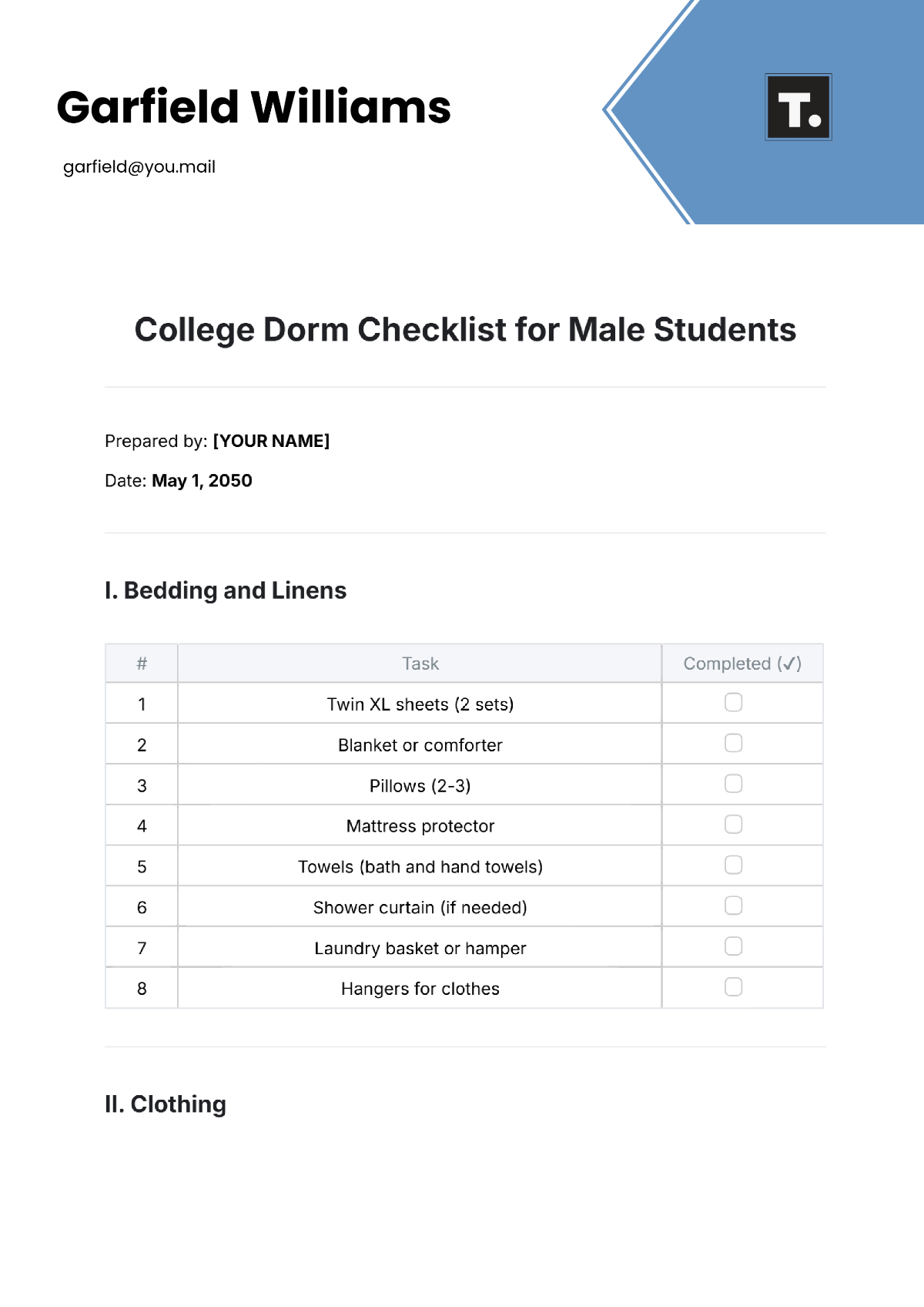 College Dorm Checklist for Male Student Template - Edit Online & Download