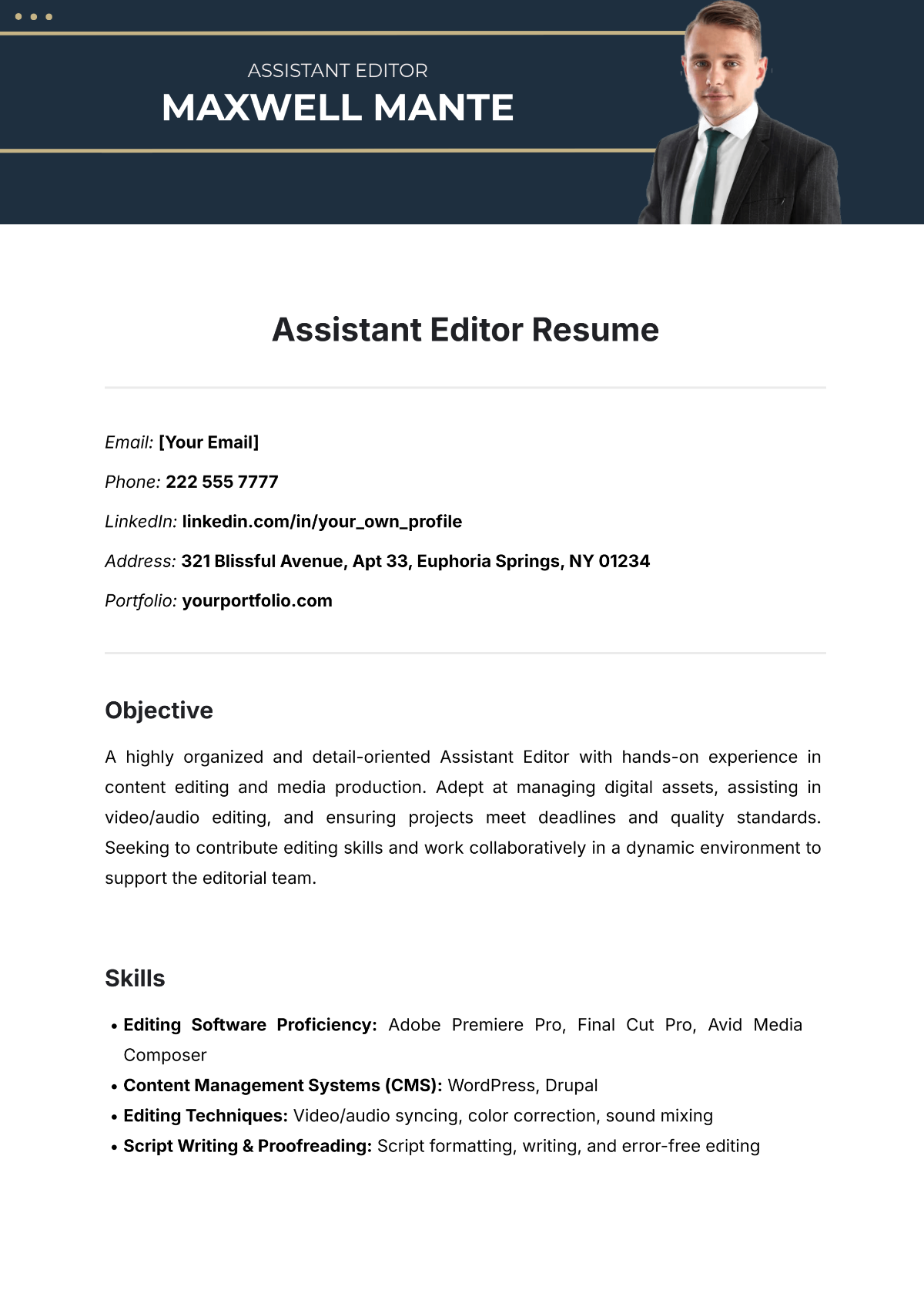 Assistant Editor Resume Template - Edit Online & Download