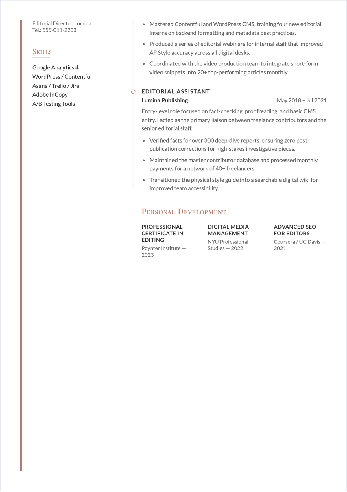 Free Assistant Editor ATS Resume Template, AI Resume Builder