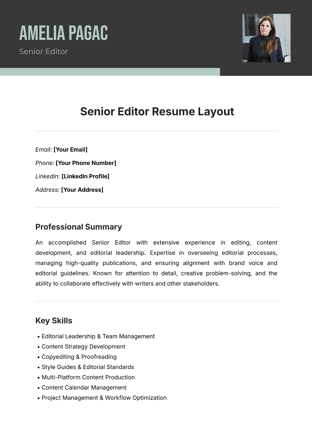 Senior Editor Resume Layout Template - Edit Online & Download