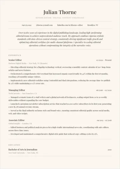 Free Senior Editor ATS Resume Template, AI Resume Builder