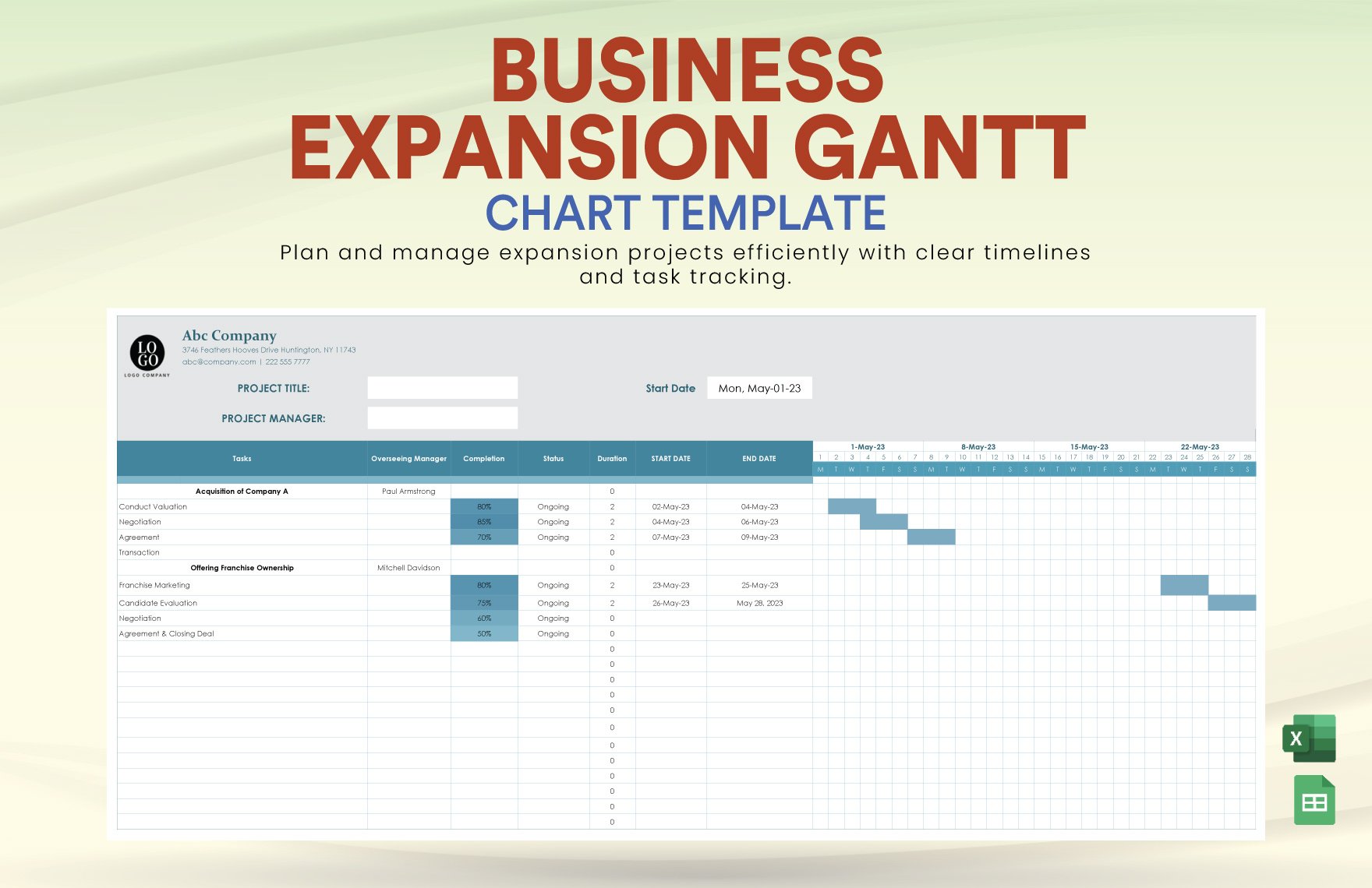 Business Expansion Gantt Chart Template in Excel, Google Sheets