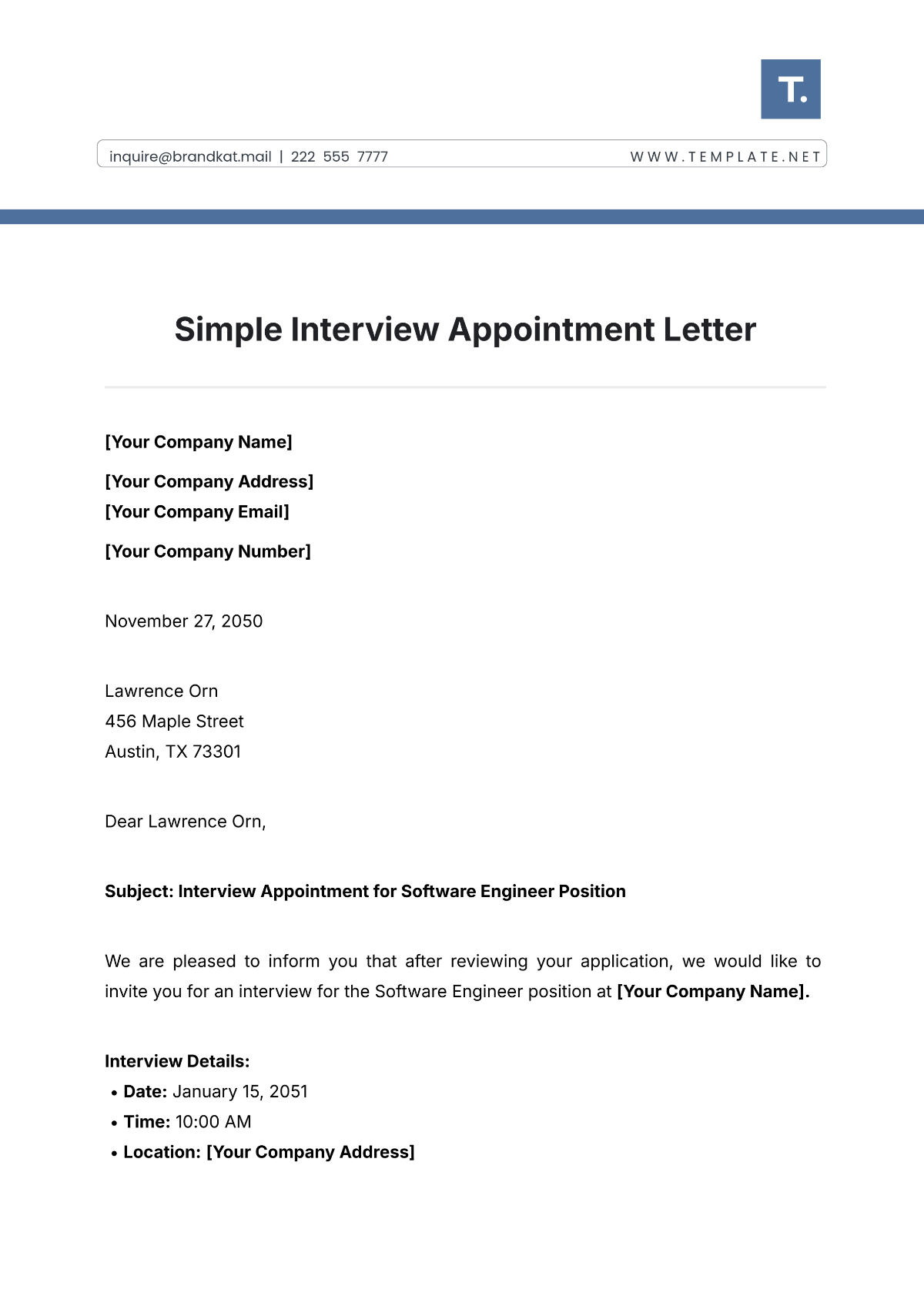 Simple Interview Appointment Letter Template - Edit Online & Download