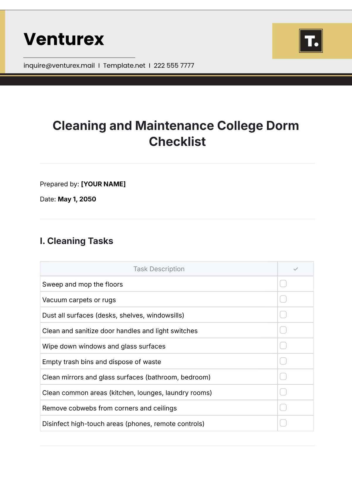 Cleaning and Maintenance College Dorm Checklist Template - Edit Online & Download