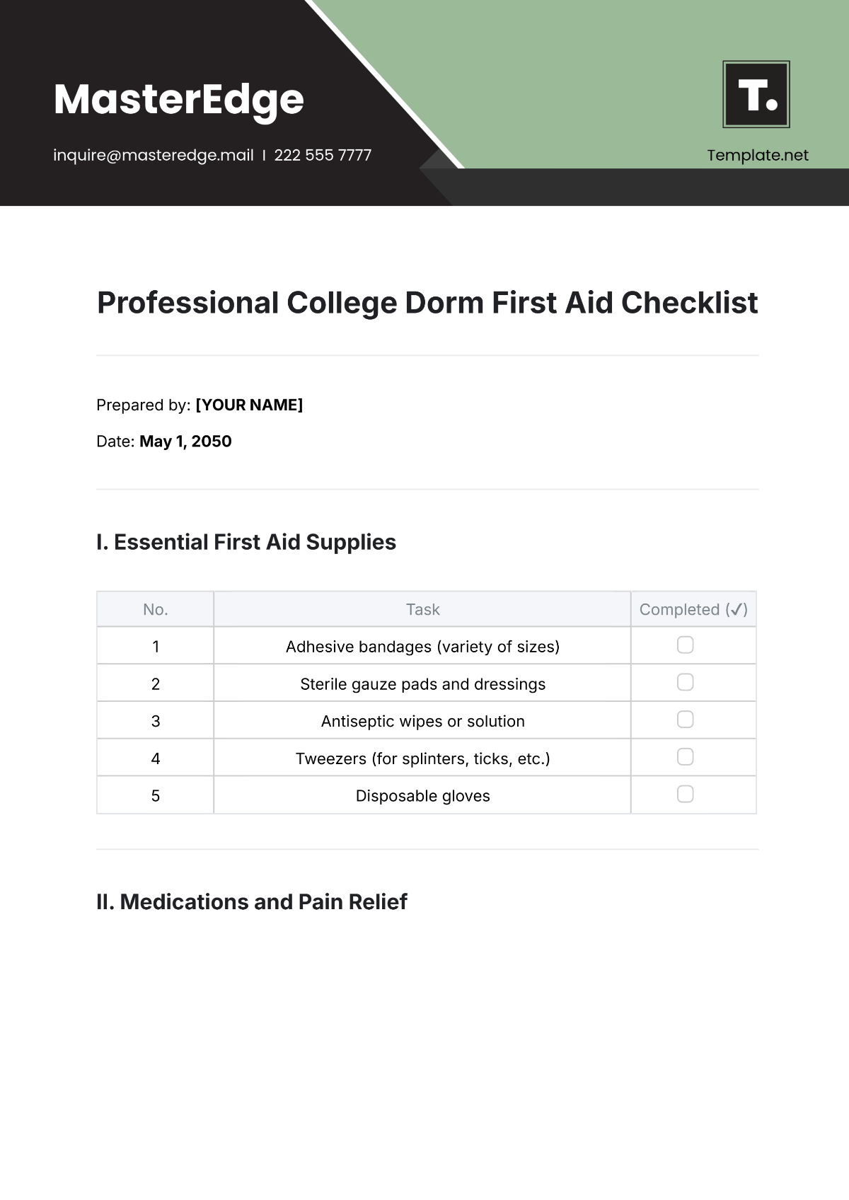 Professional College Dorm First Aid Checklist Template - Edit Online & Download