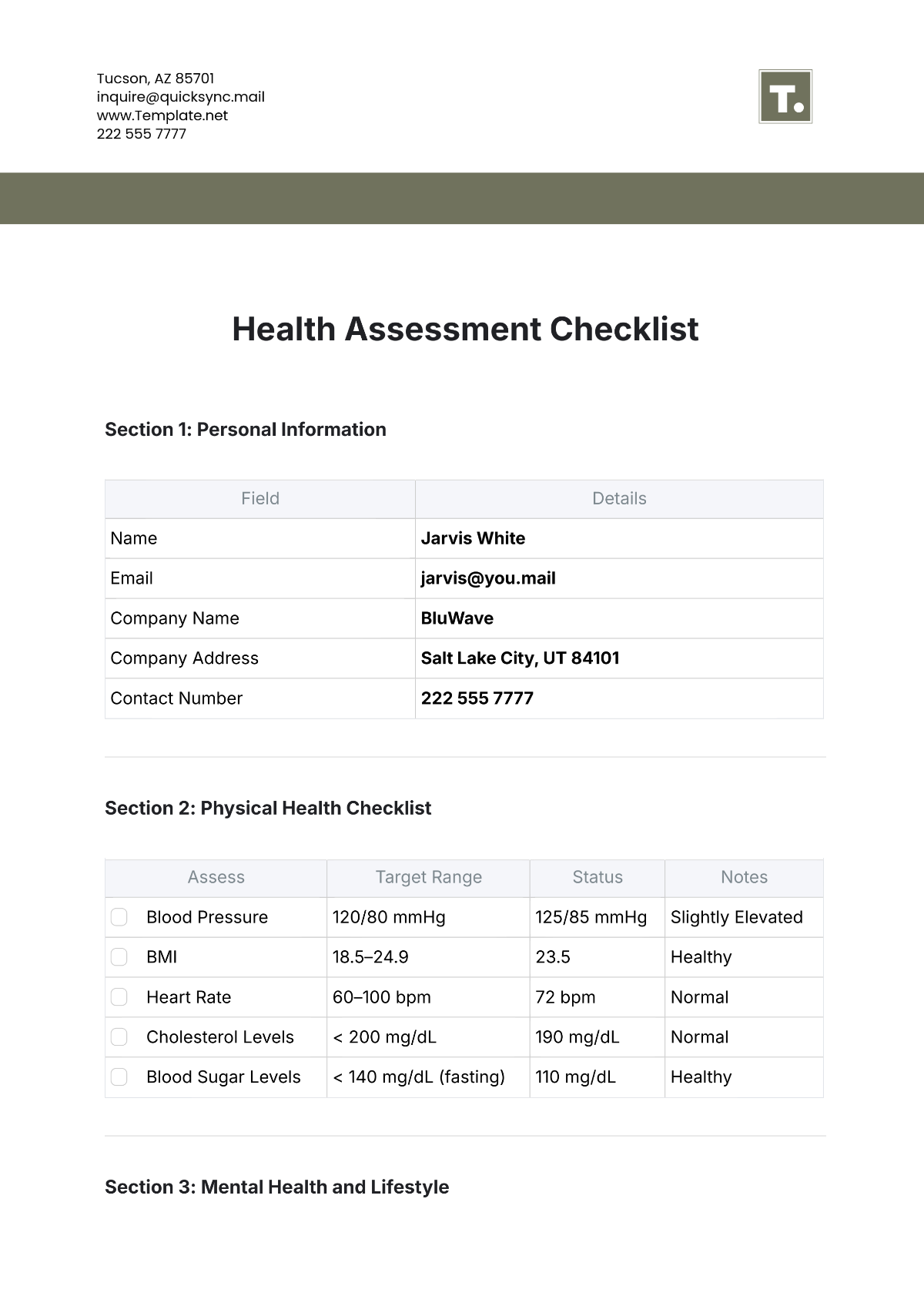 Health Assessment Checklist Template - Edit Online & Download