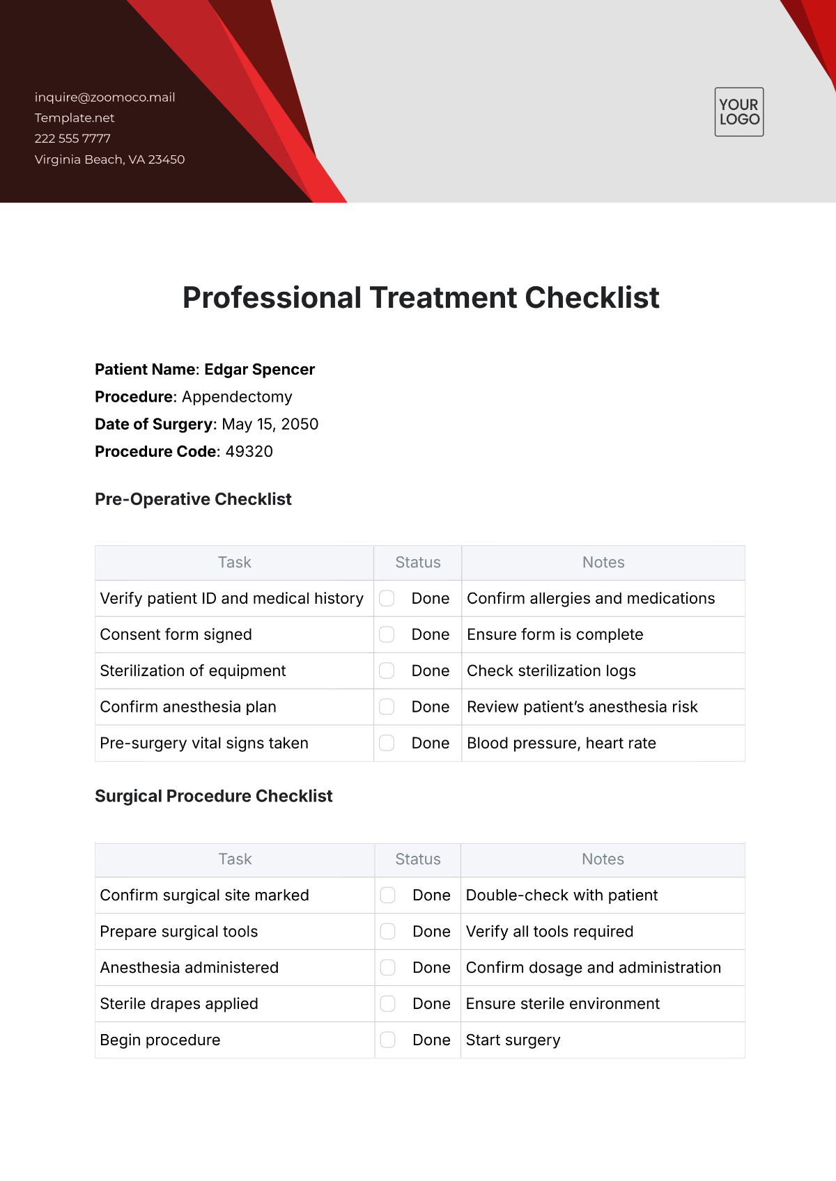 Professional Treatment Checklist Template - Edit Online & Download