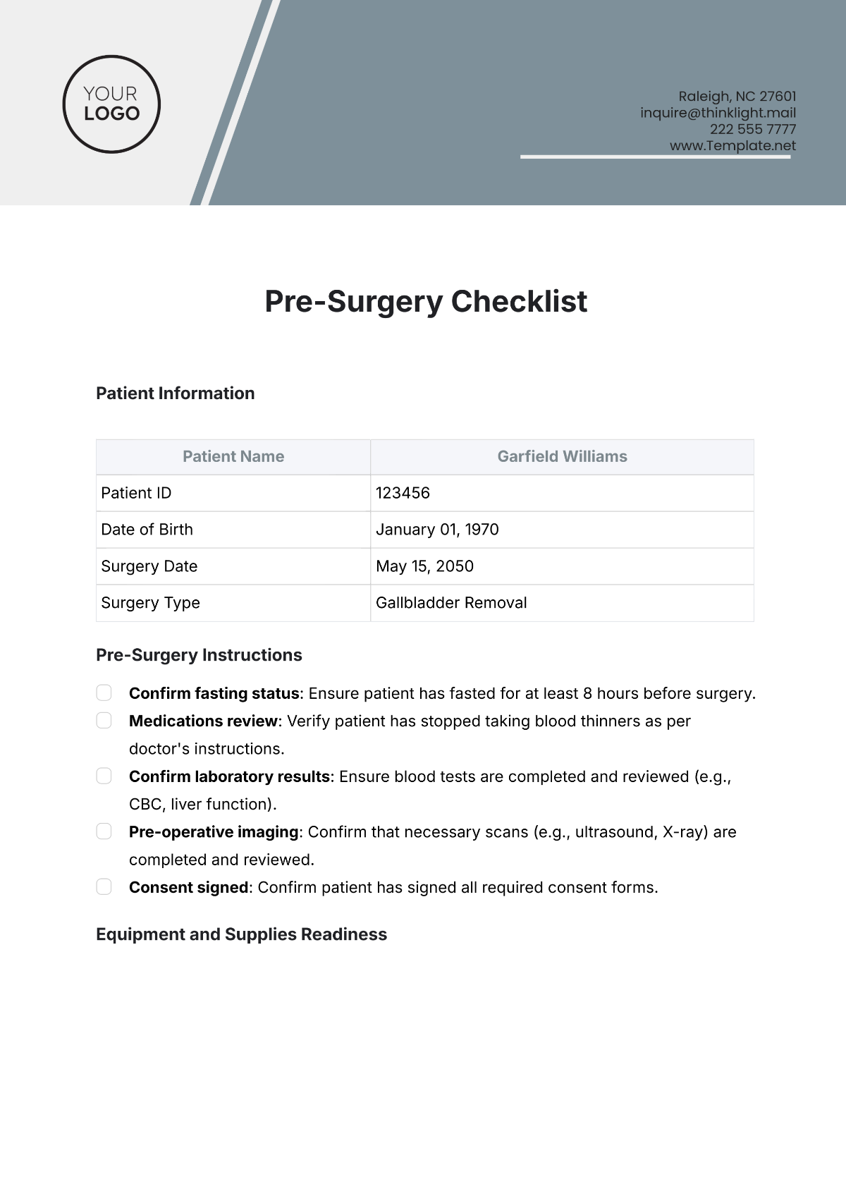 Pre-Surgery Checklist Template - Edit Online & Download