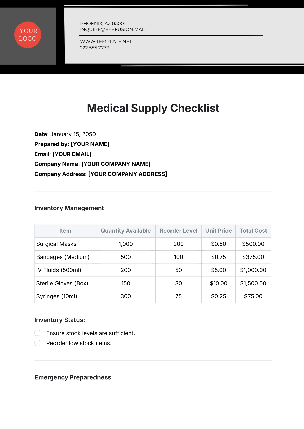 Medical Supply Checklist Template - Edit Online & Download