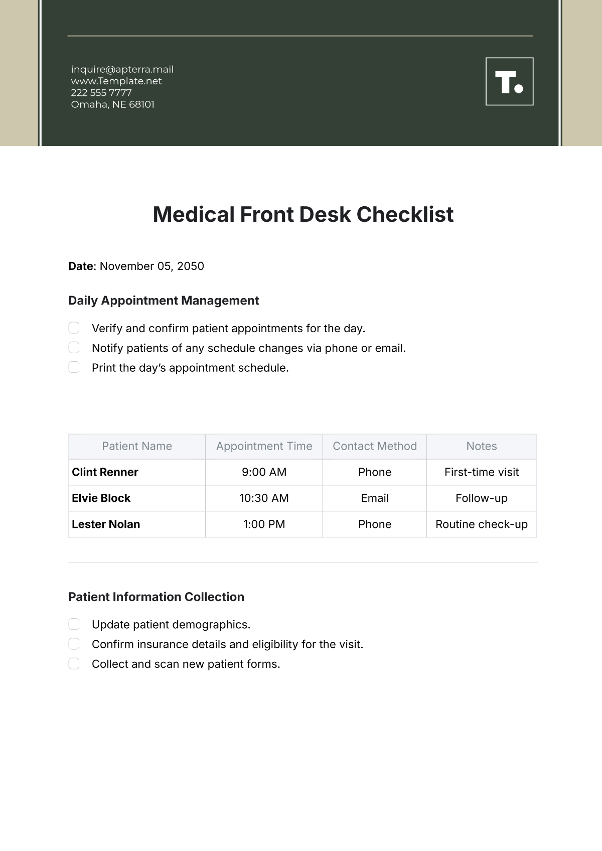 Medical Front Desk Checklist Template - Edit Online & Download