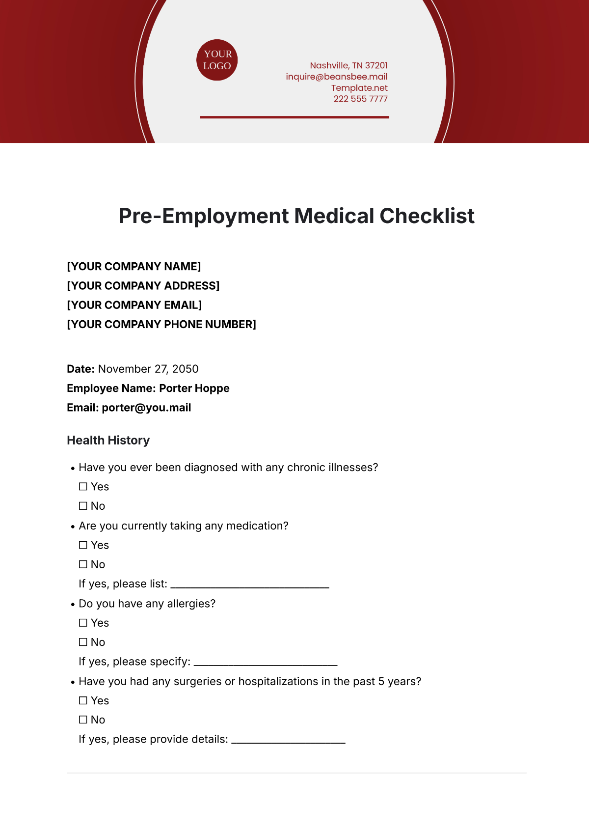 Pre-Employment Medical Checklist Template - Edit Online & Download