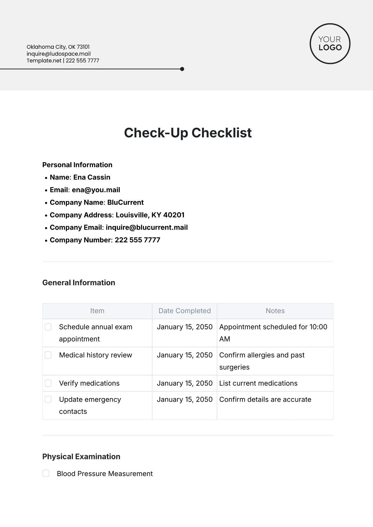 Simple Check-Up Checklist Template - Edit Online & Download