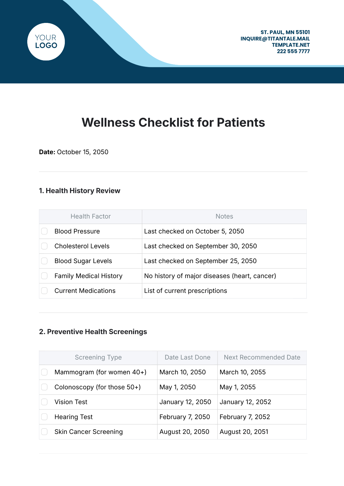 Wellness Checklist for Patients Template - Edit Online & Download