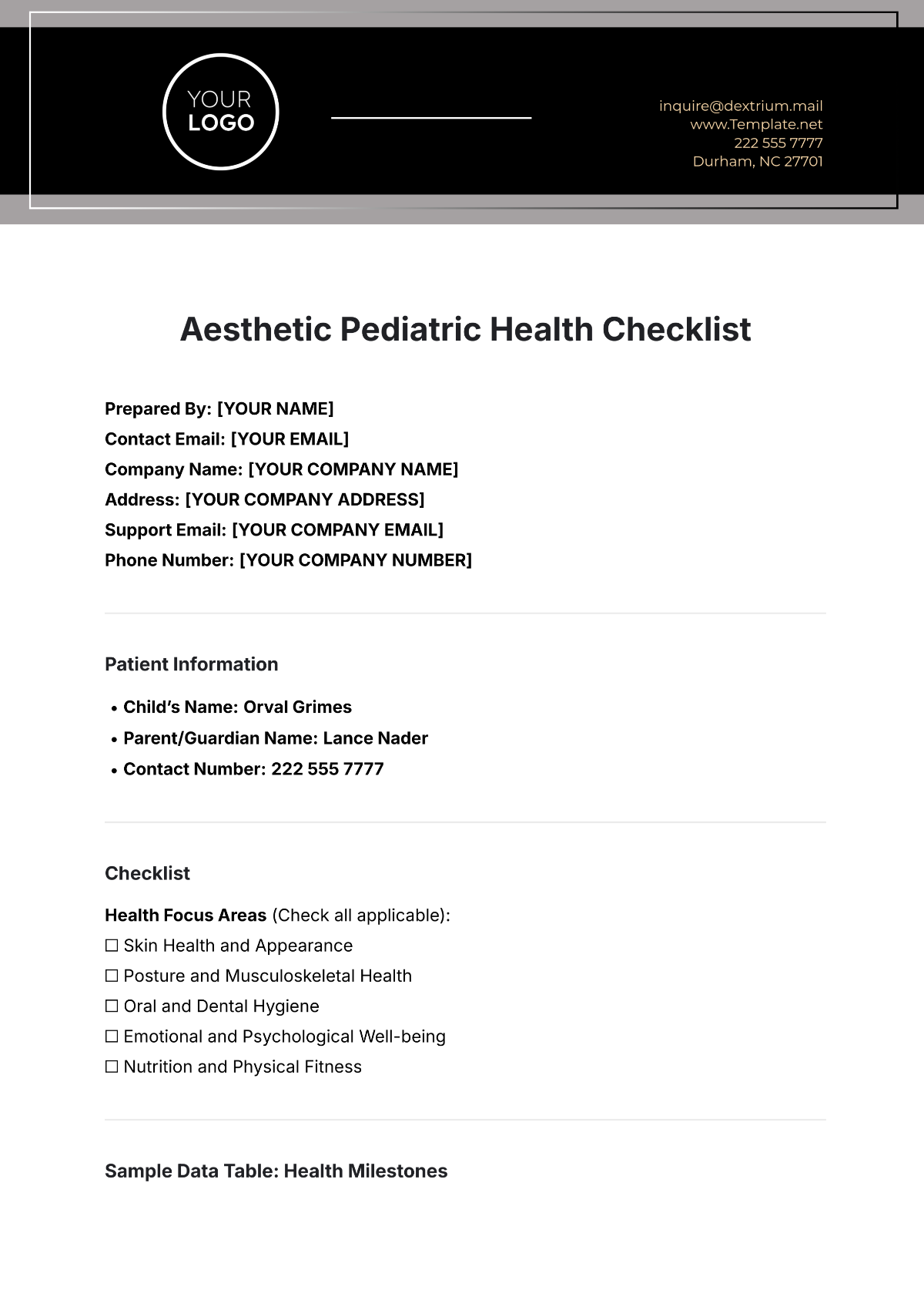 Aesthetic Pediatric Health Checklist Template - Edit Online & Download