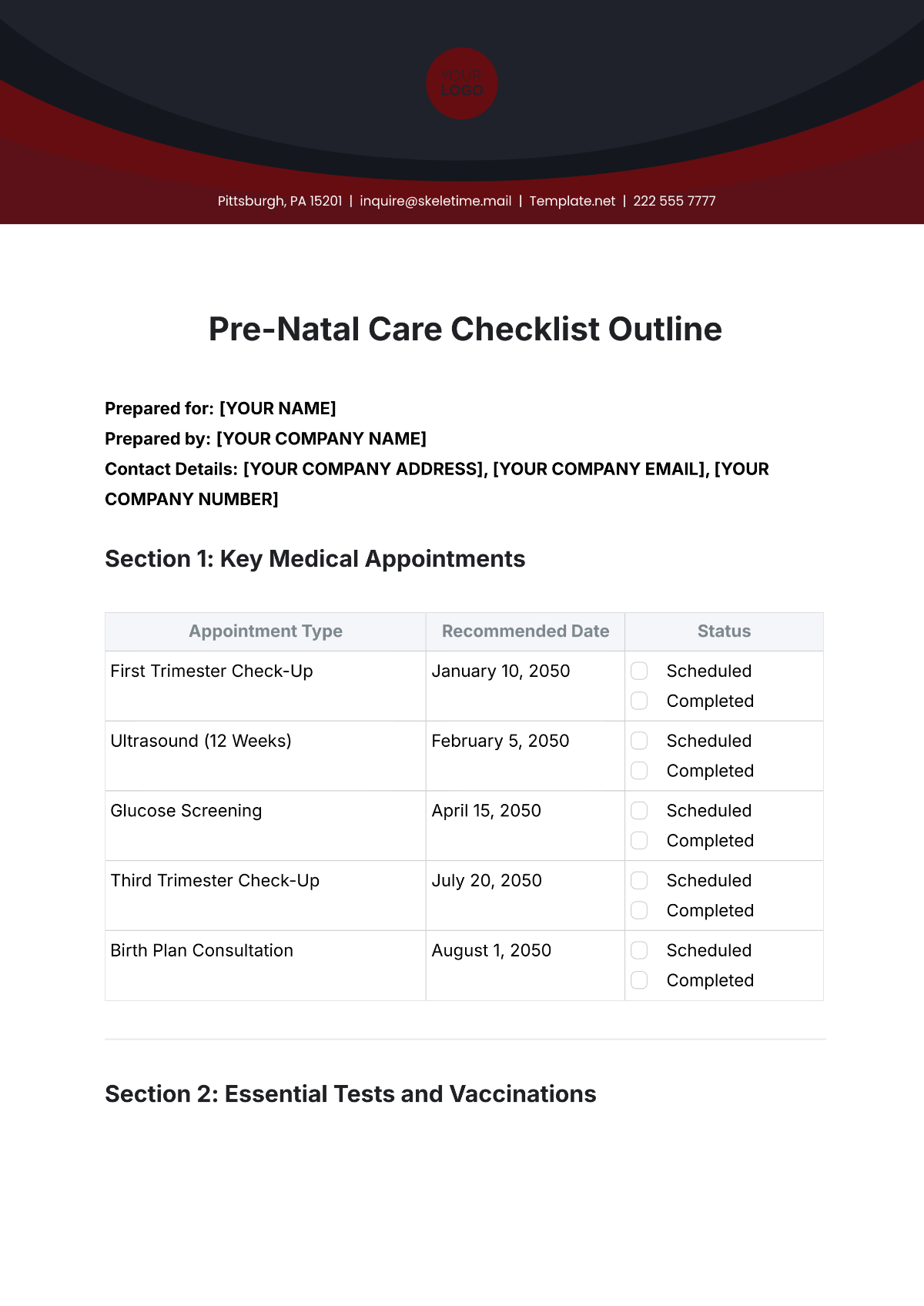 Pre-Natal Care Checklist Outline Template - Edit Online & Download