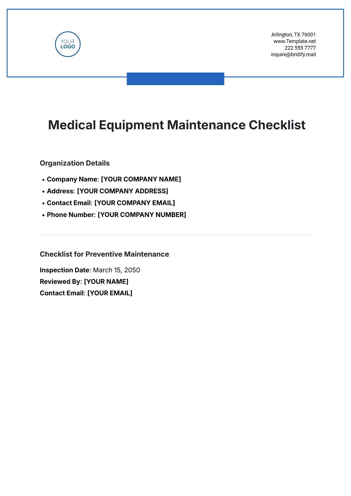 Medical Equipment Maintenance Checklist Template - Edit Online & Download