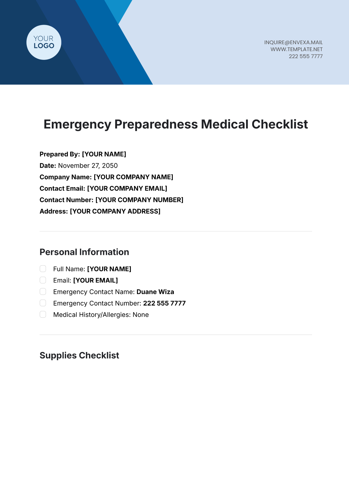 Emergency Preparedness Medical Checklist Template - Edit Online & Download