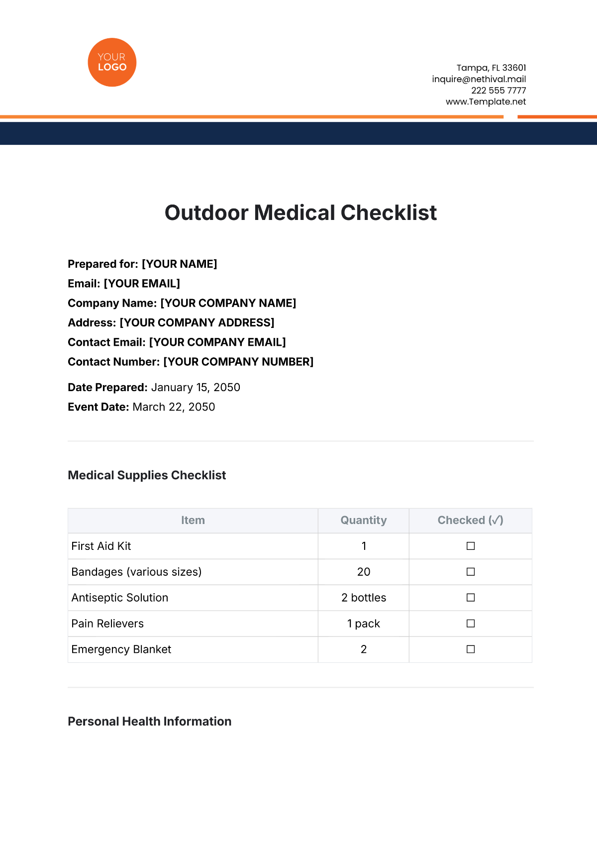 Outdoor Medical Checklist Template - Edit Online & Download