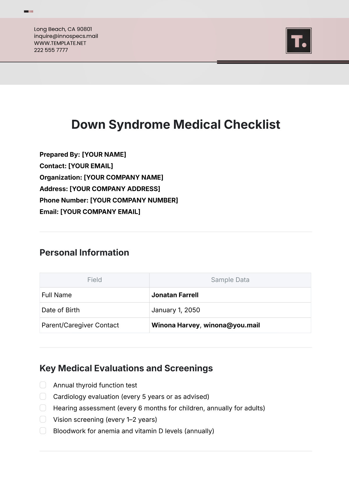 Down Syndrome Medical Checklist Template - Edit Online & Download